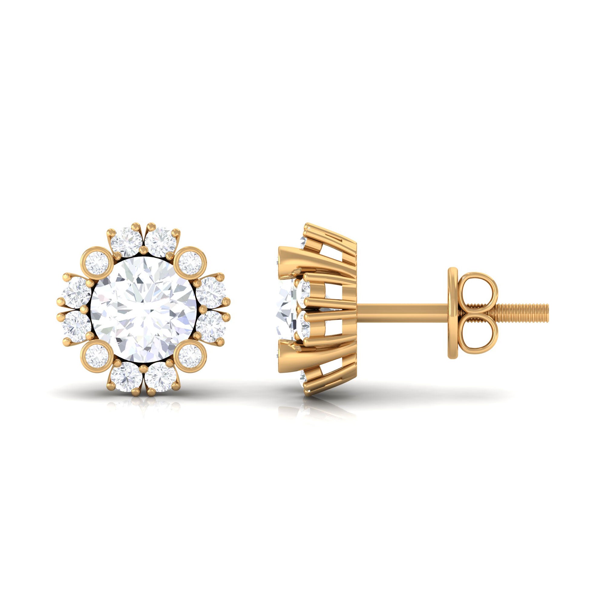 Designer Flower Stud Earrings with Simulated Diamond Zircon - ( AAAA ) - Quality - Rosec Jewels