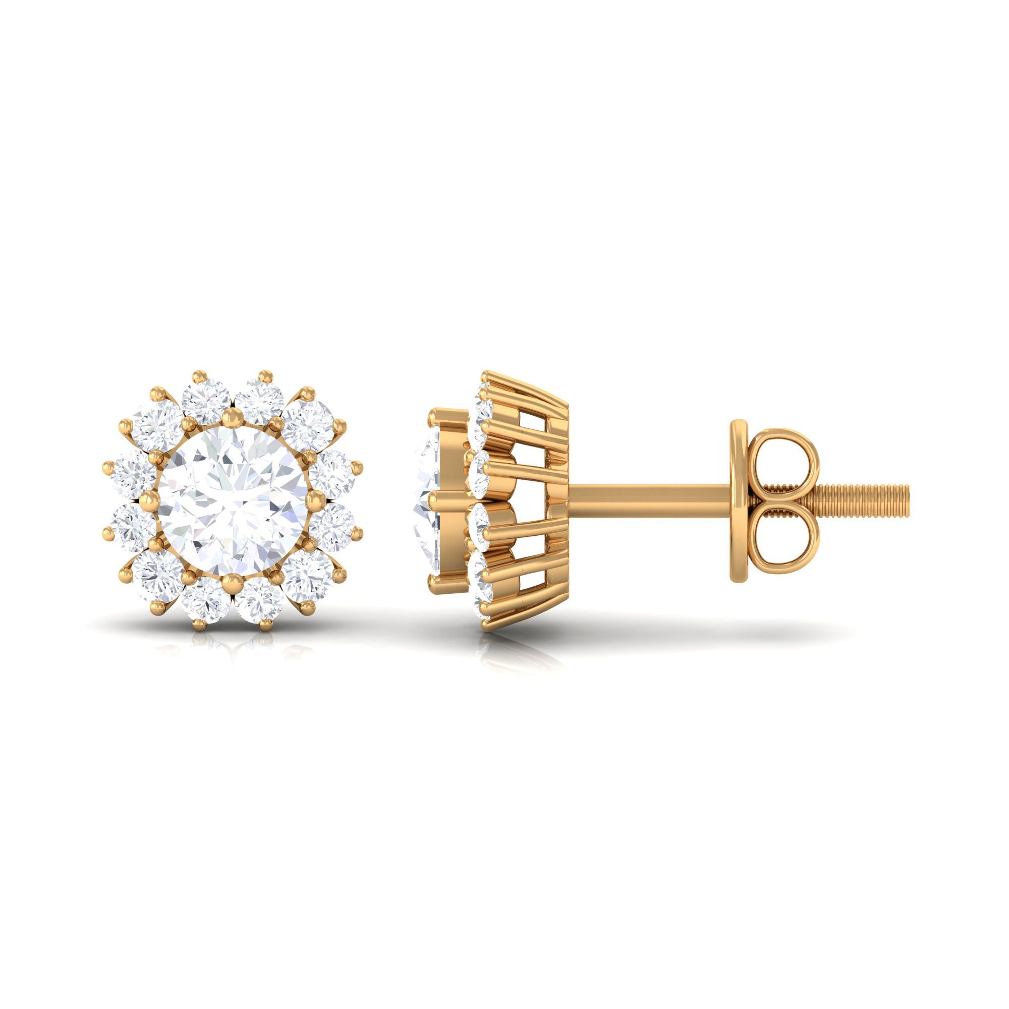 Classic Halo Stud Earrings with Round Cut Cubic Zirconia Zircon - ( AAAA ) - Quality - Rosec Jewels