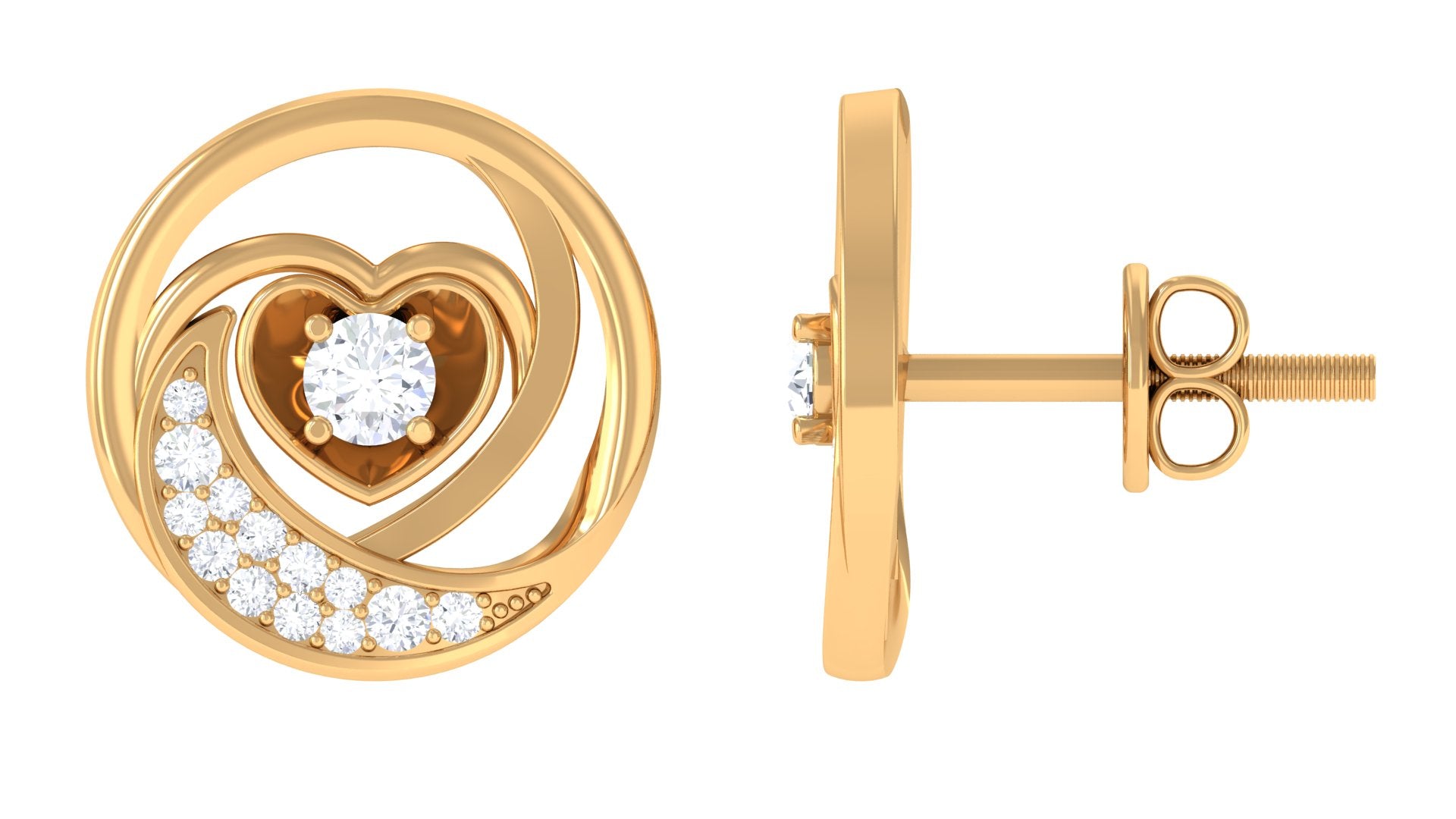 Prong Set Round Cubic Zirconia Moon Heart Stud Earrings Zircon - ( AAAA ) - Quality - Rosec Jewels