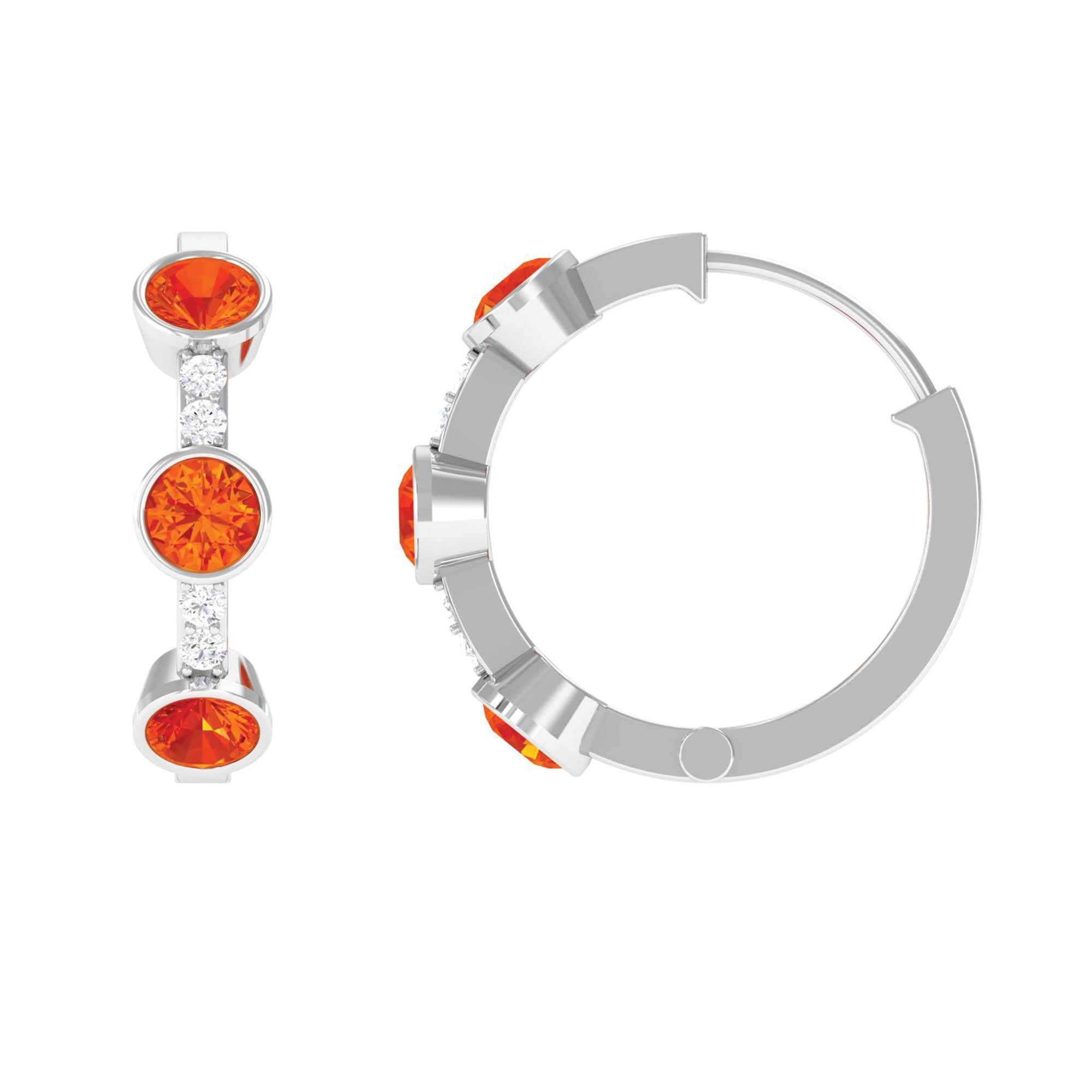 1 CT Bezel Set Orange Sapphire Three Stone Hoop Earrings with Diamond Orange Sapphire - ( AAA ) - Quality - Rosec Jewels