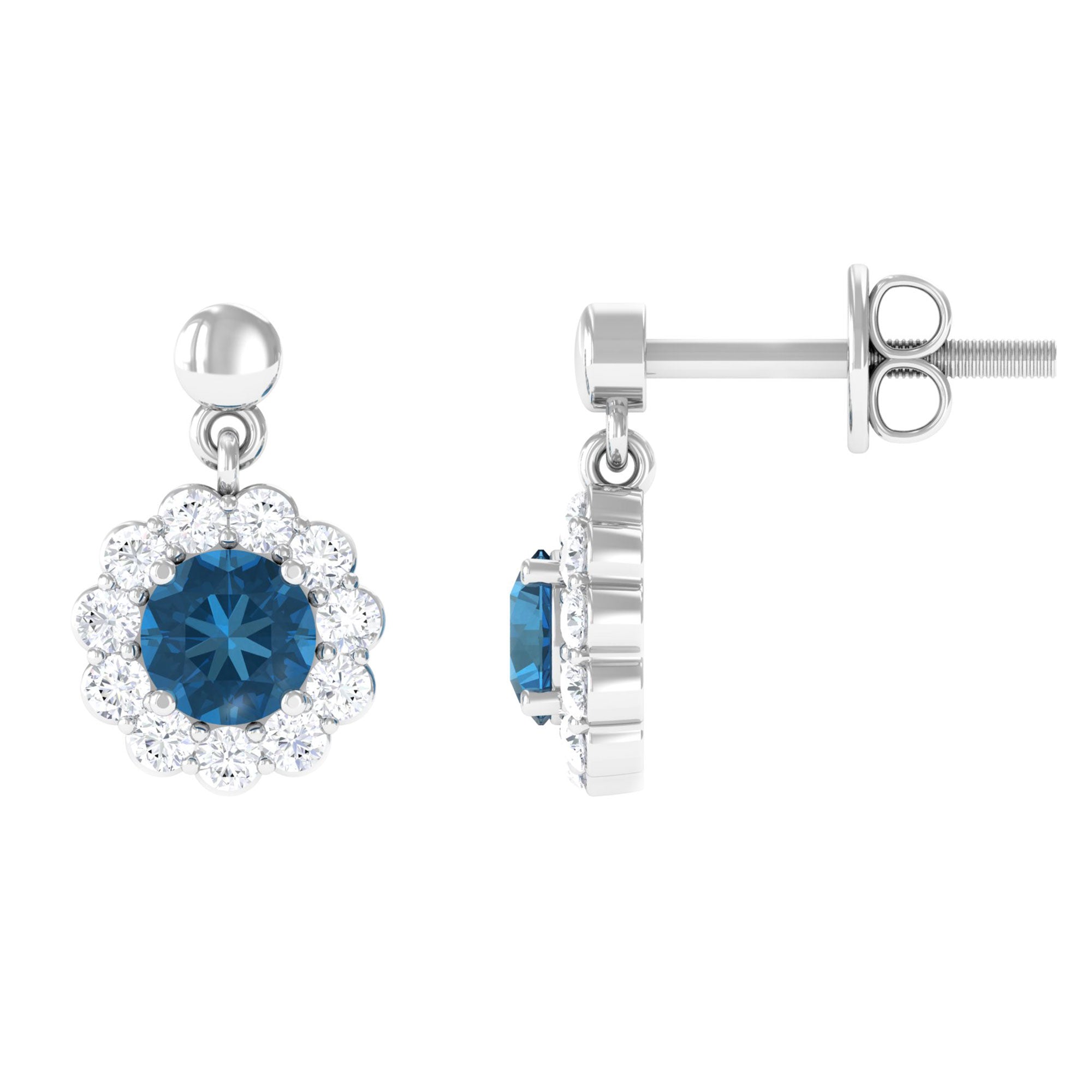 1.75 CT Real London Blue Topaz and Diamond Flower Halo Drop Earrings London Blue Topaz - ( AAA ) - Quality - Rosec Jewels