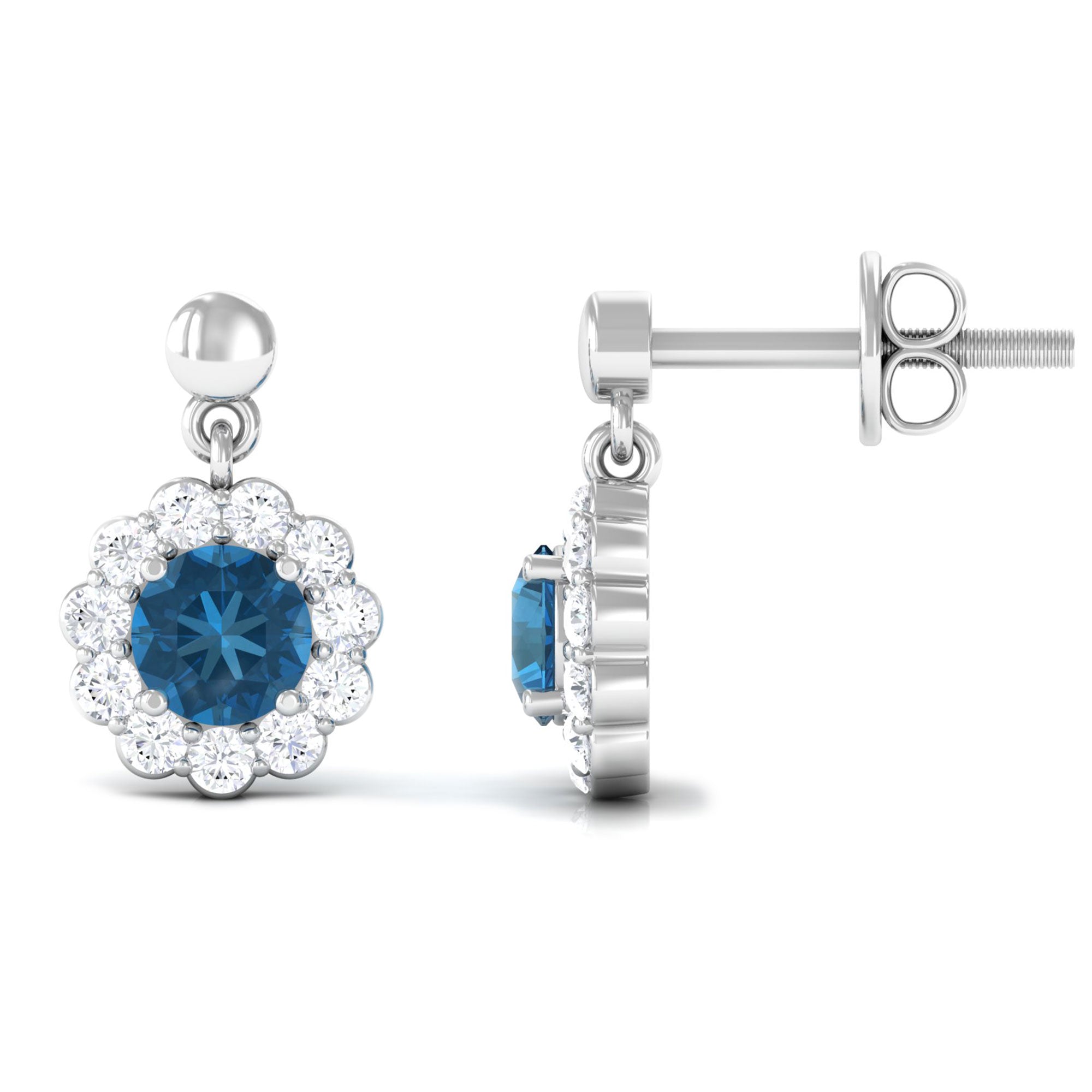 1.75 CT Real London Blue Topaz and Diamond Flower Halo Drop Earrings London Blue Topaz - ( AAA ) - Quality - Rosec Jewels