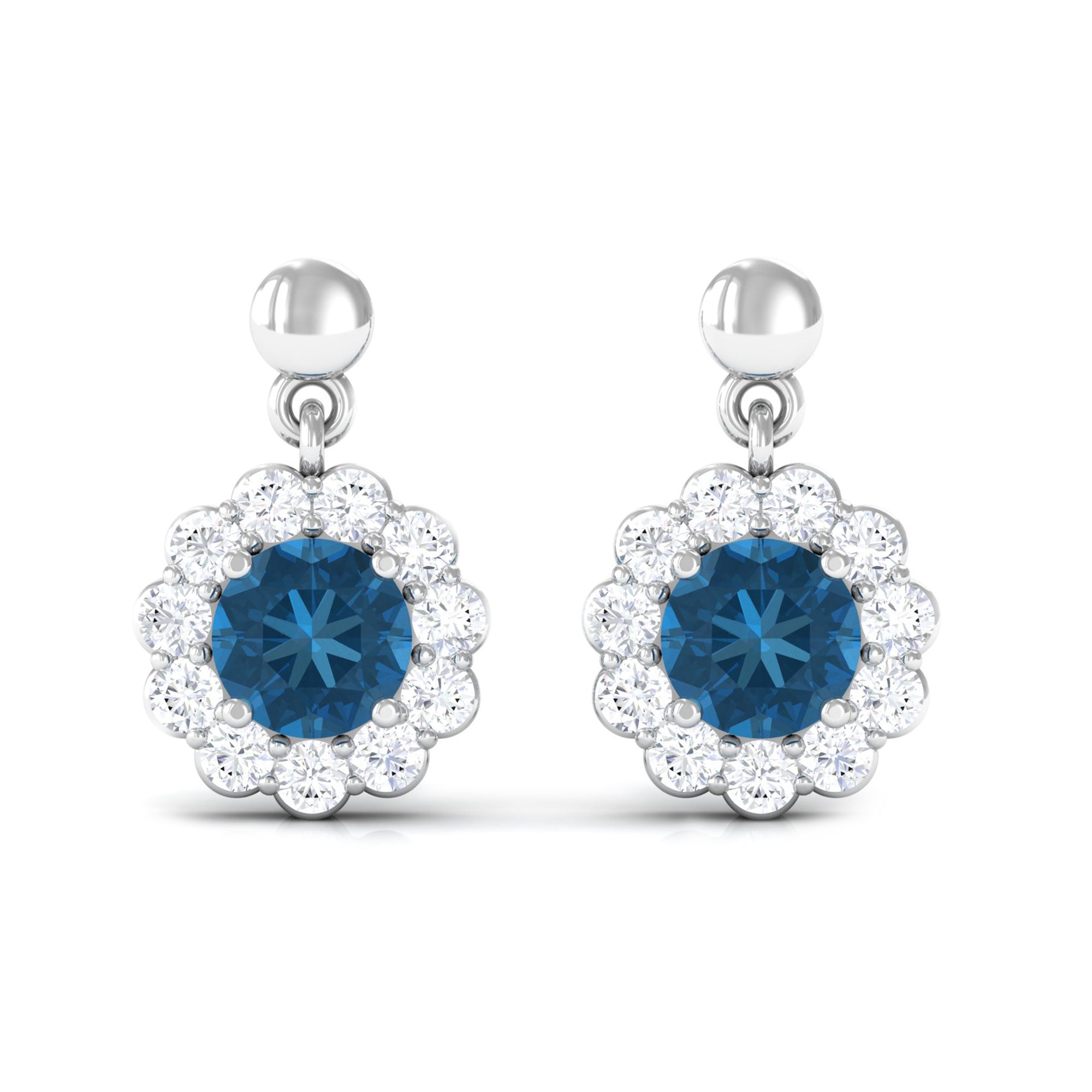 1.75 CT Real London Blue Topaz and Diamond Flower Halo Drop Earrings London Blue Topaz - ( AAA ) - Quality - Rosec Jewels