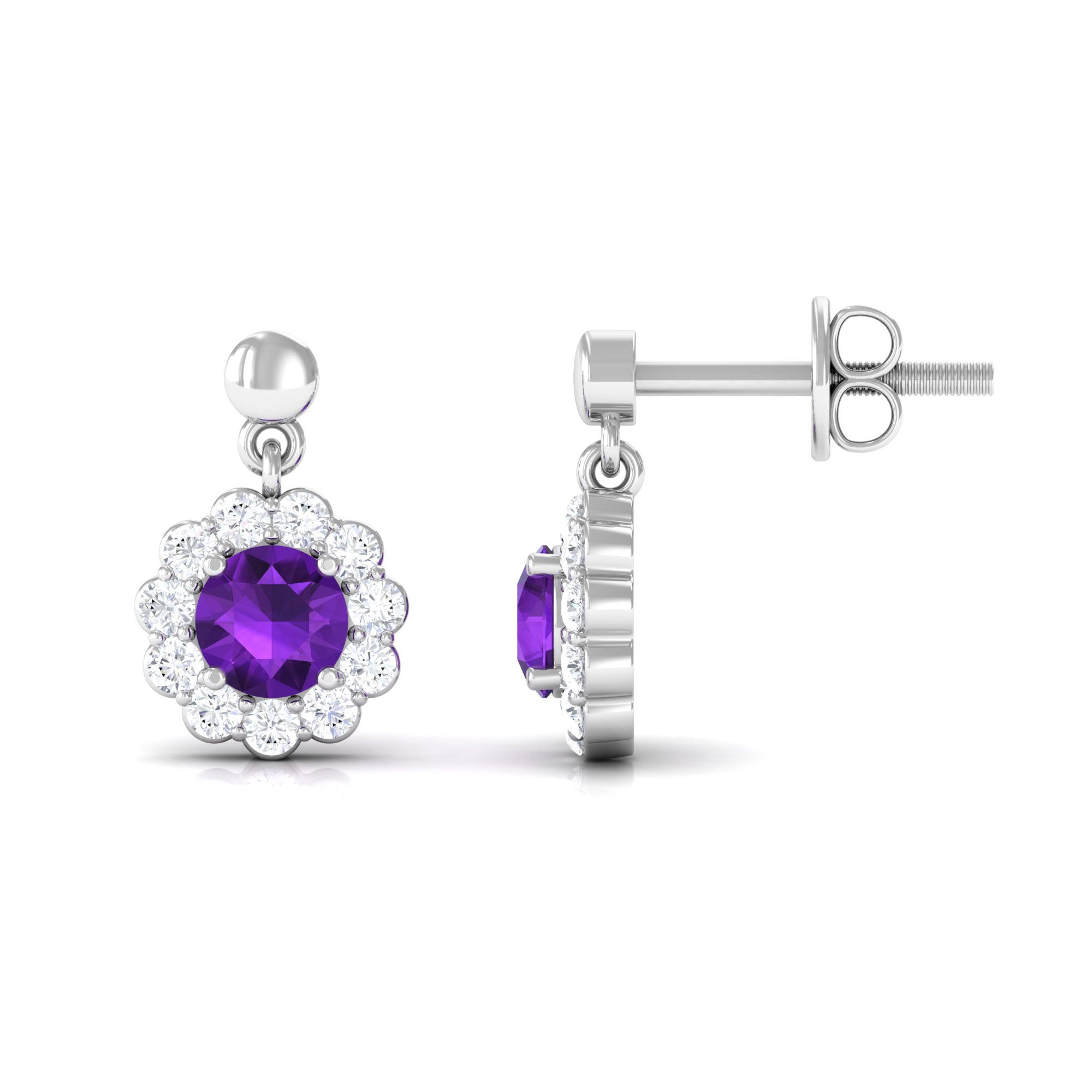 1.5 CT Real Amethyst and Diamond Flower Halo Drop Earrings Amethyst - ( AAA ) - Quality - Rosec Jewels