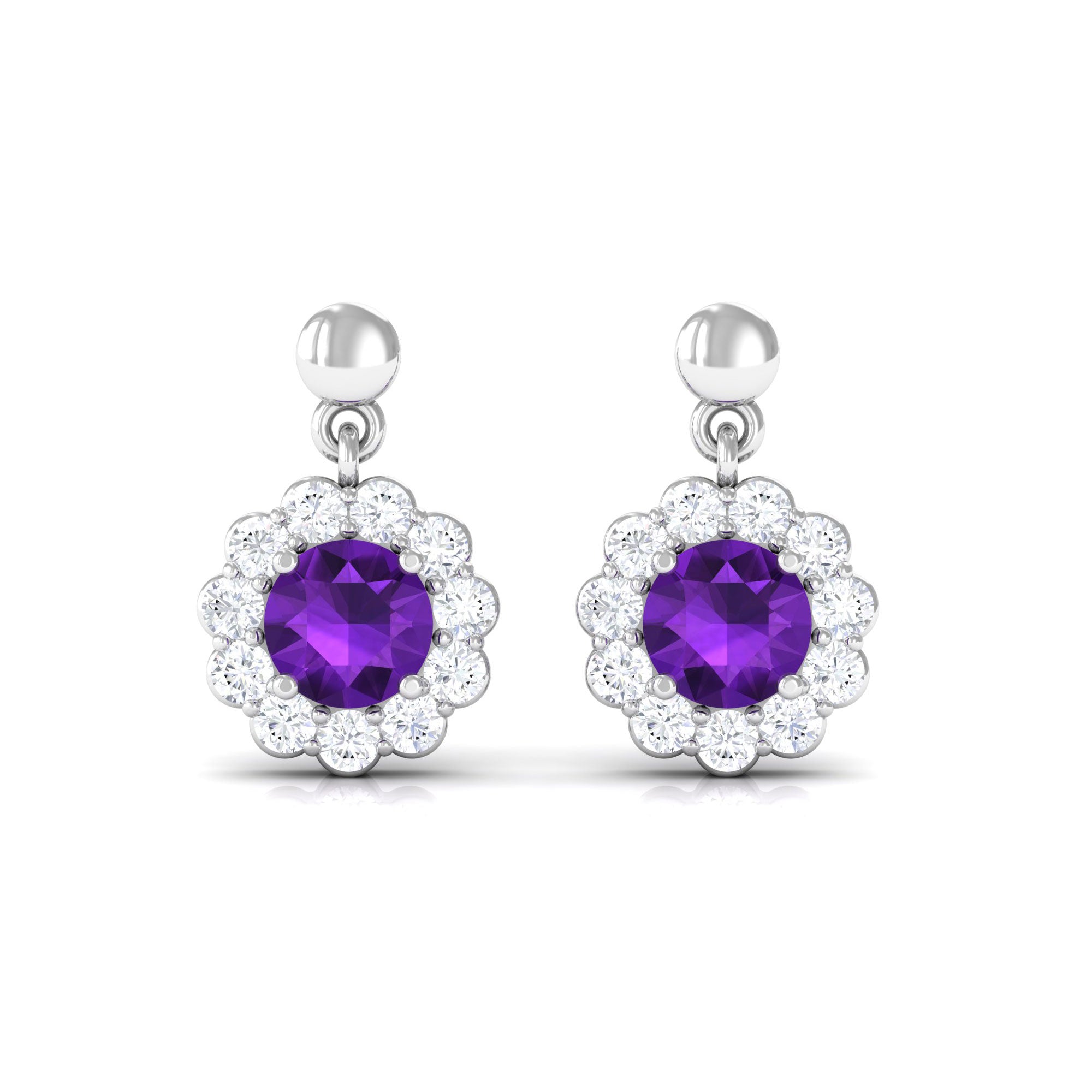 1.5 CT Real Amethyst and Diamond Flower Halo Drop Earrings Amethyst - ( AAA ) - Quality - Rosec Jewels