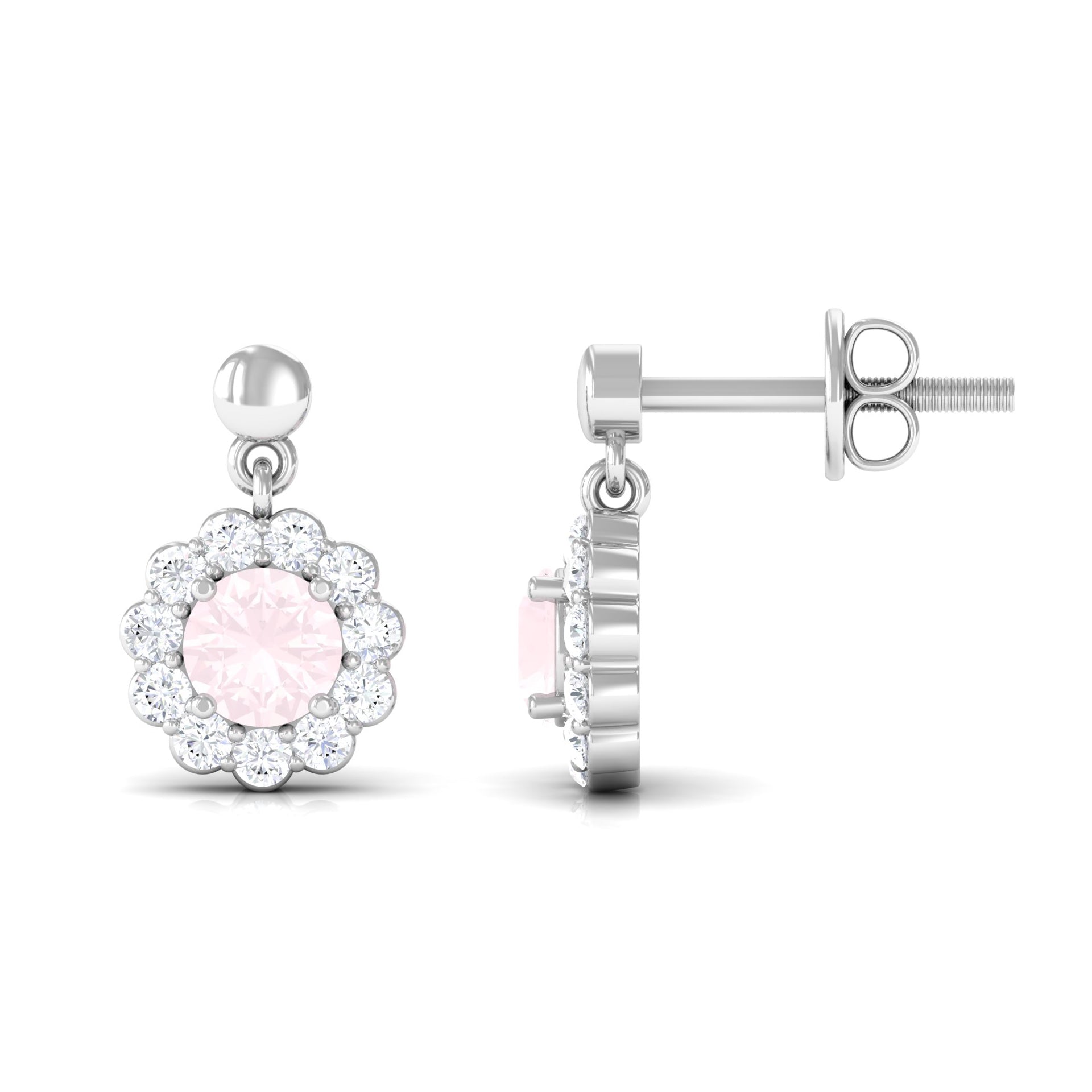 1 CT Real Rose Quartz and Diamond Flower Halo Drop Earrings Rose Quartz - ( AAA ) - Quality - Rosec Jewels