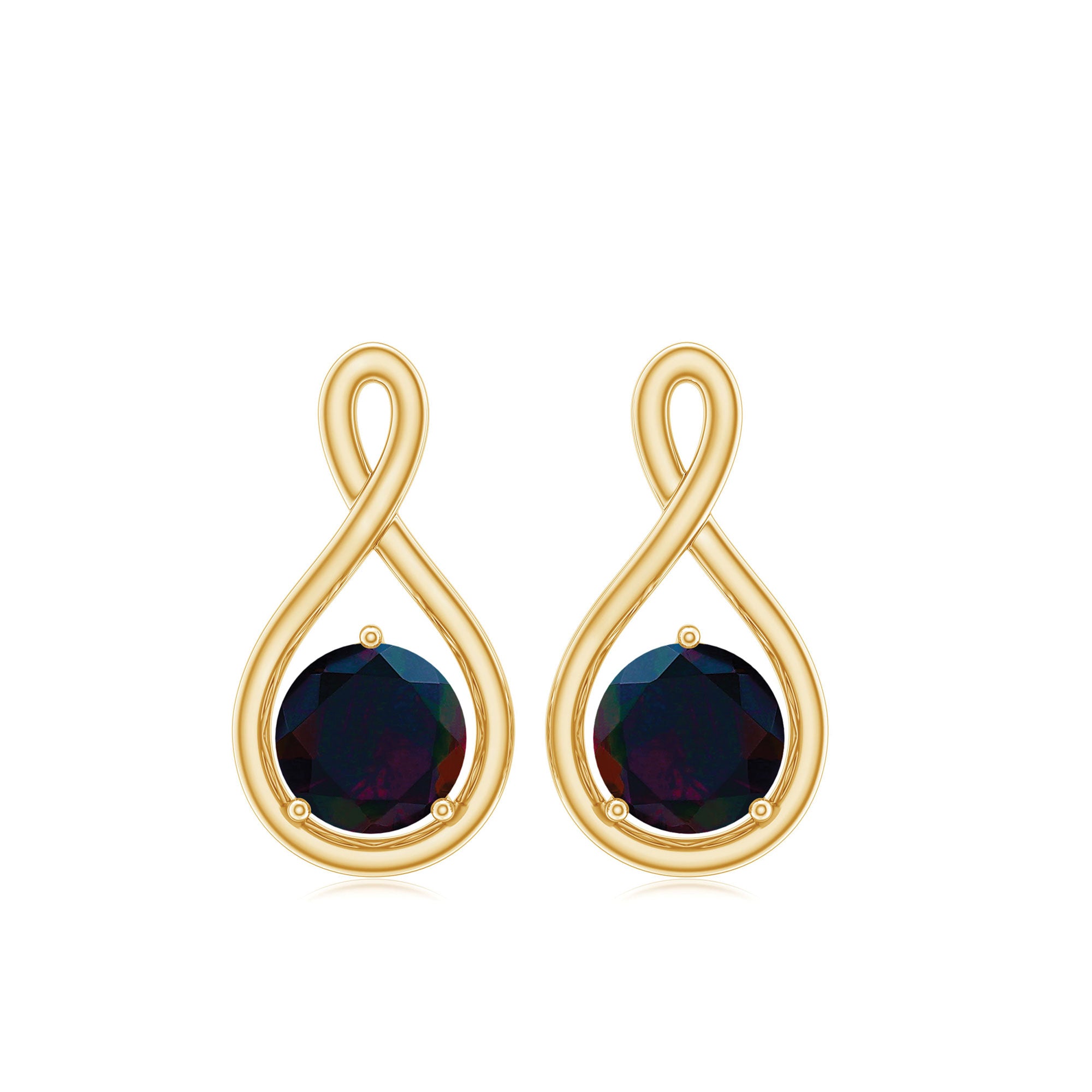 Solitaire Teardrop Stud Earrings with Round Black Opal Black Opal - ( AAA ) - Quality - Rosec Jewels