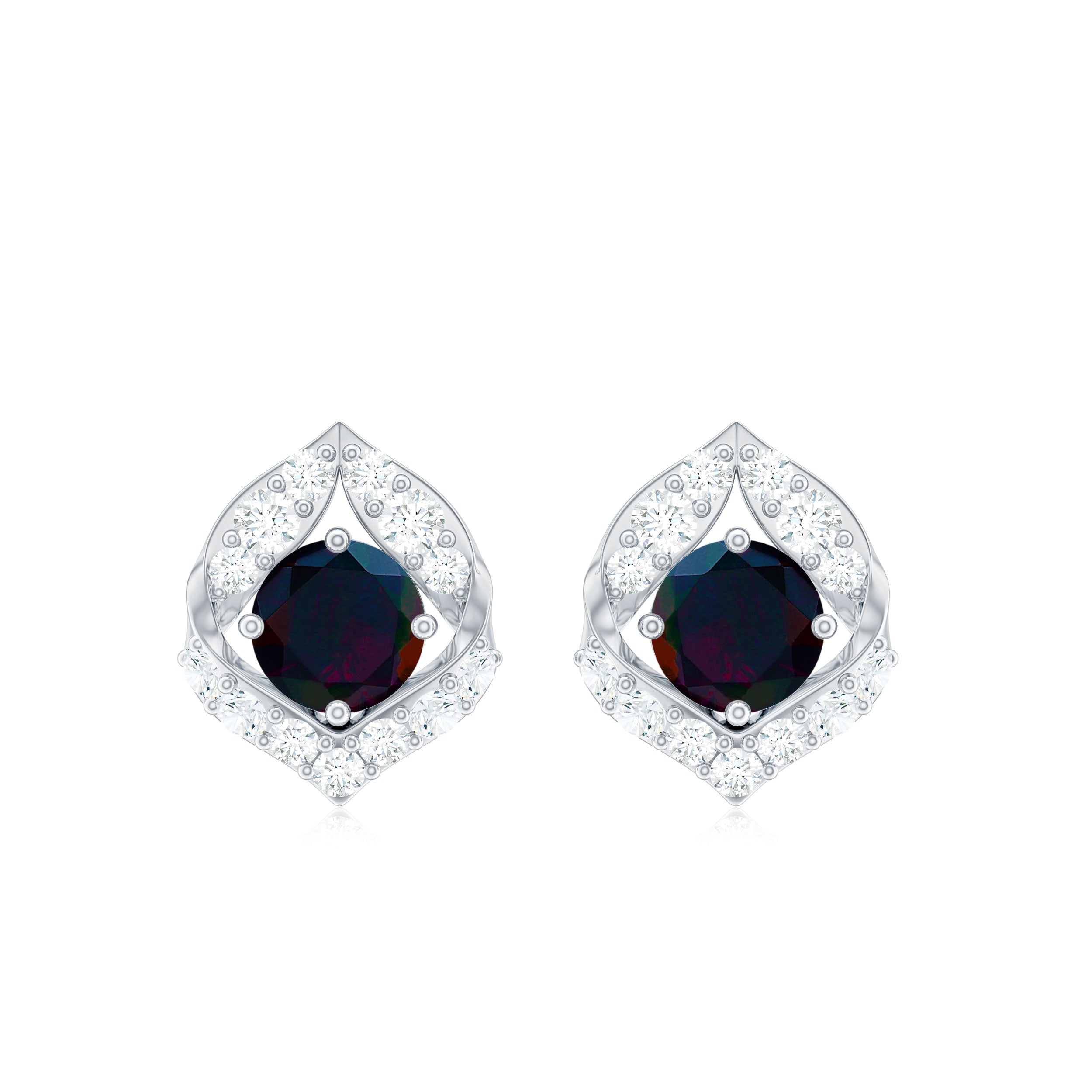 1 CT Natural Black Opal Stud Earrings with Diamond Black Opal - ( AAA ) - Quality - Rosec Jewels