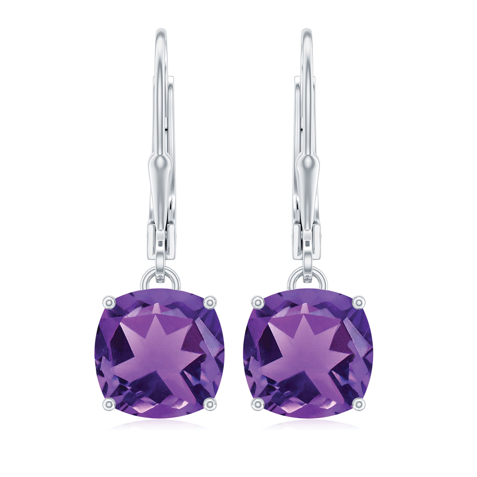 8 MM Cushion Cut Amethyst Solitaire Drop Earrings with Lever Back Amethyst - ( AAA ) - Quality - Rosec Jewels