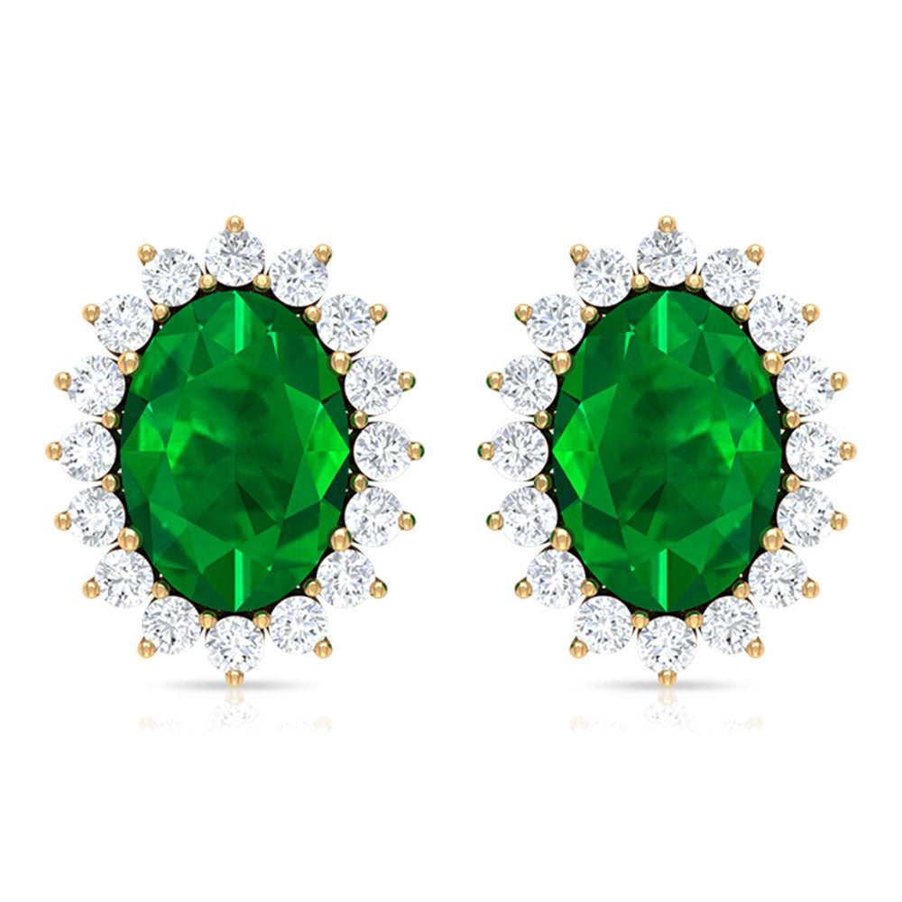 Oval Cut Natural Emerald Stud Earrings with Diamond Halo Emerald - ( AAA ) - Quality - Rosec Jewels