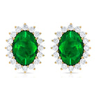 Oval Cut Natural Emerald Stud Earrings with Diamond Halo Emerald - ( AAA ) - Quality - Rosec Jewels