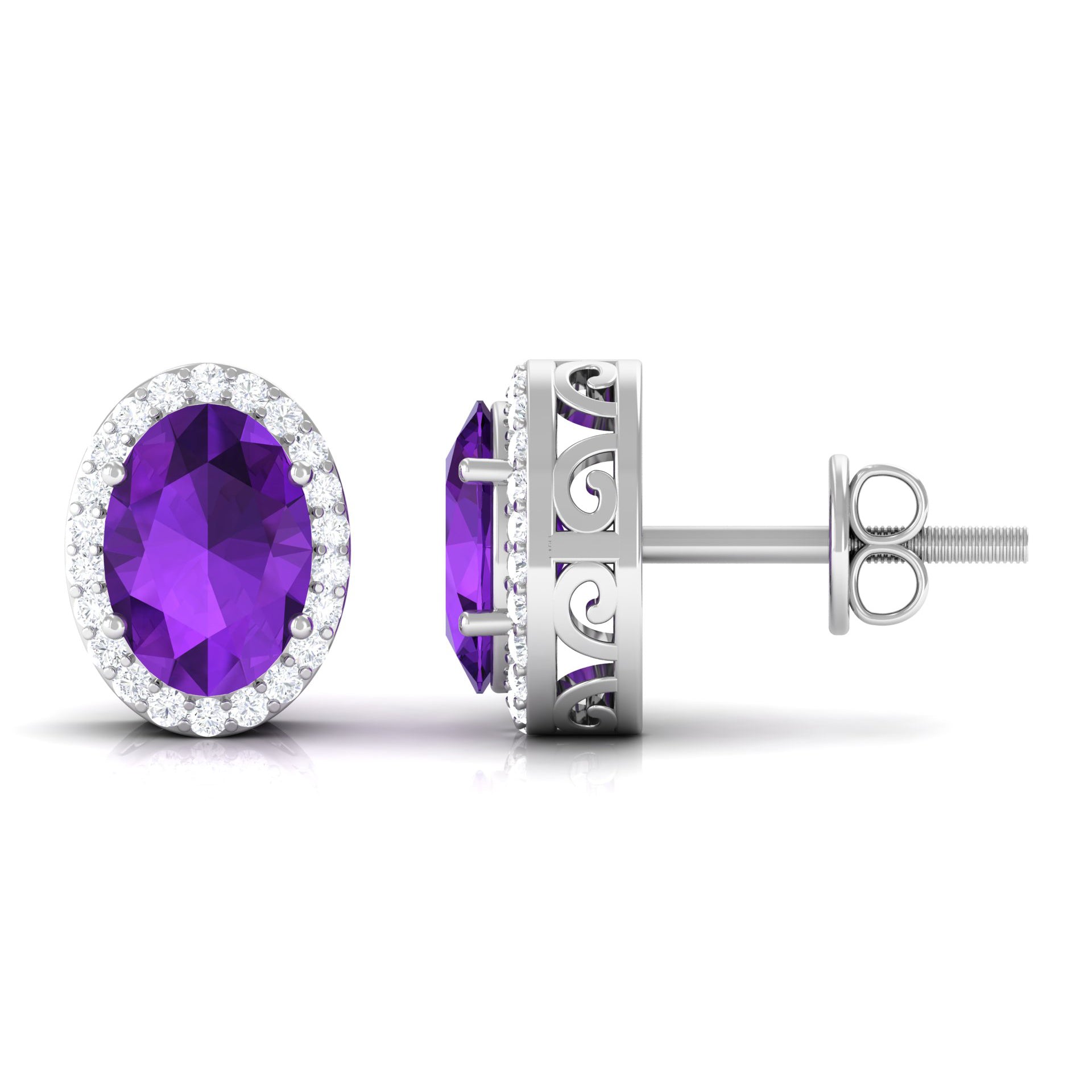 2.50 CT Oval Amethyst and Diamond Halo Stud Earrings Amethyst - ( AAA ) - Quality - Rosec Jewels