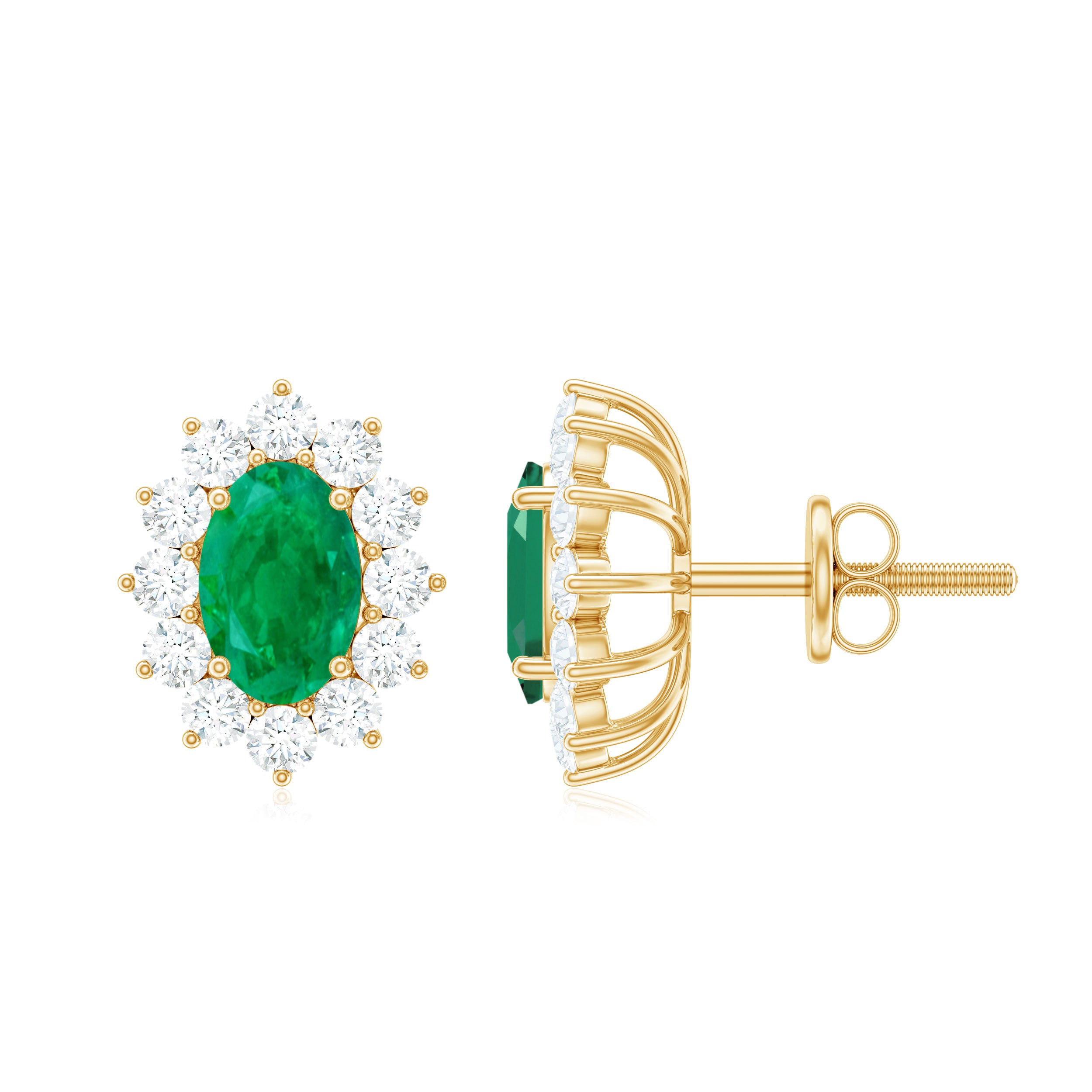 1.75 CT Oval Cut Emerald and Diamond Starburst Stud Earrings Emerald - ( AAA ) - Quality - Rosec Jewels