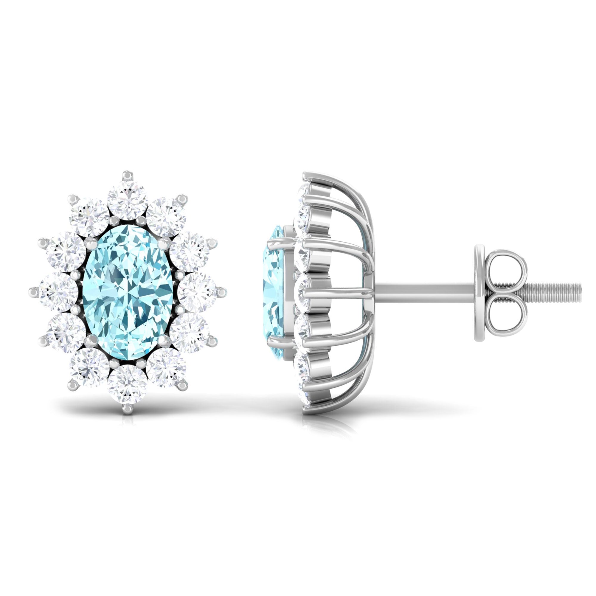 1.75 CT Oval Cut Aquamarine and Diamond Sunburst Stud Earrings Aquamarine - ( AAA ) - Quality - Rosec Jewels