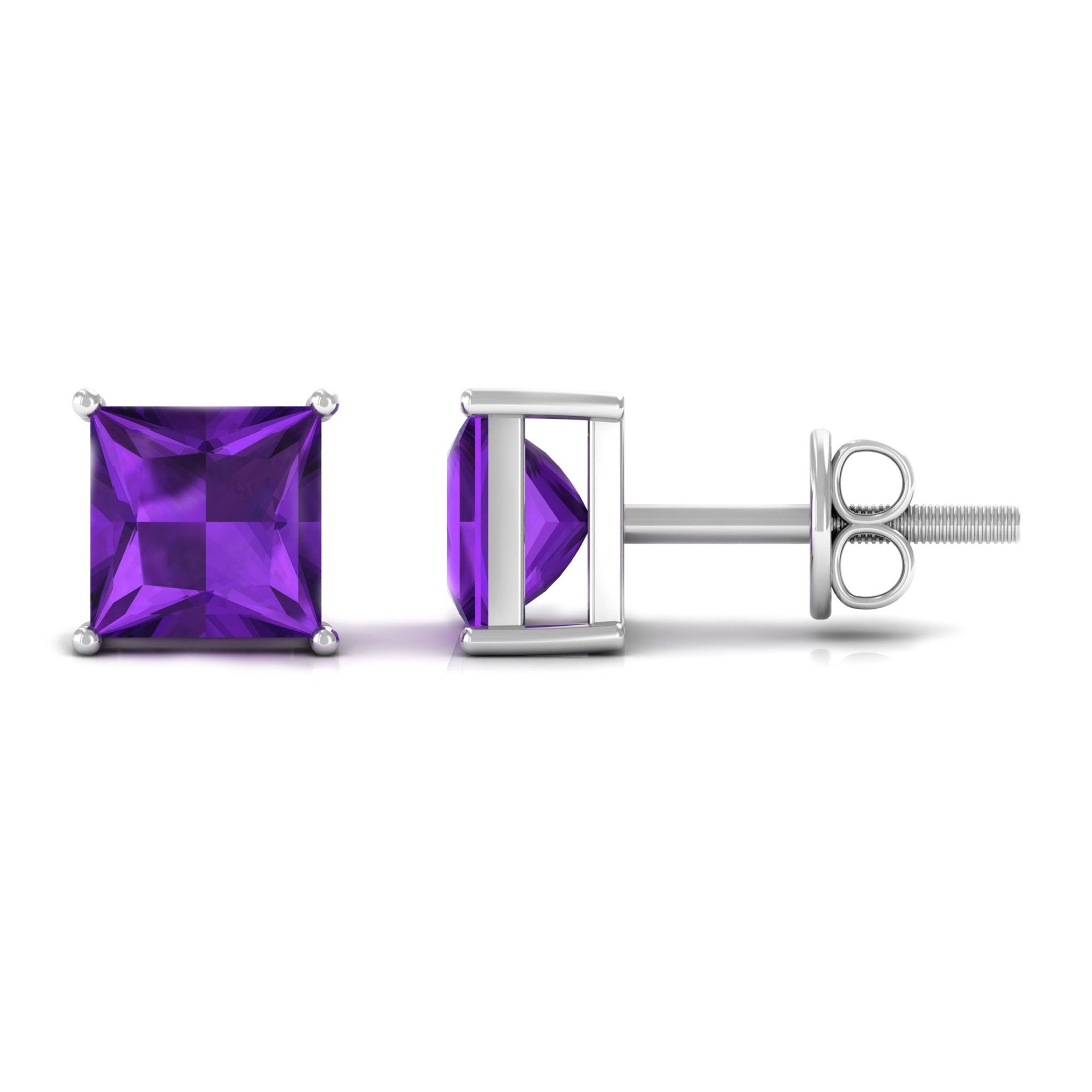 Solitaire Stud Earring with Princess Cut Amethyst Amethyst - ( AAA ) - Quality - Rosec Jewels