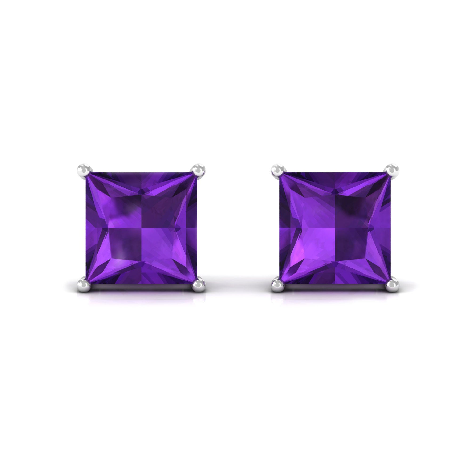 Solitaire Stud Earring with Princess Cut Amethyst Amethyst - ( AAA ) - Quality - Rosec Jewels