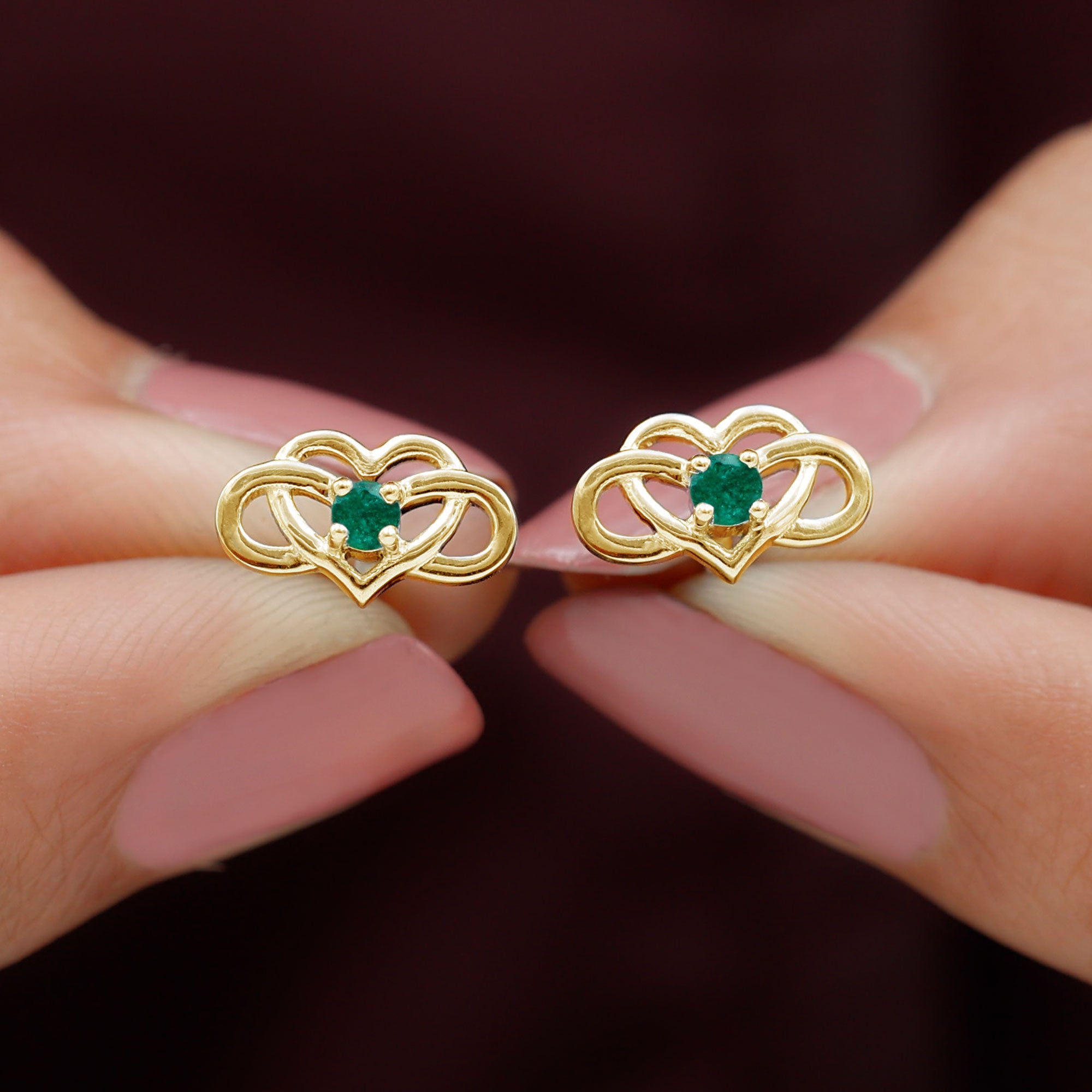 Created Emerald Infinity Heart Stud Earrings Lab Created Emerald - ( AAAA ) - Quality - Rosec Jewels