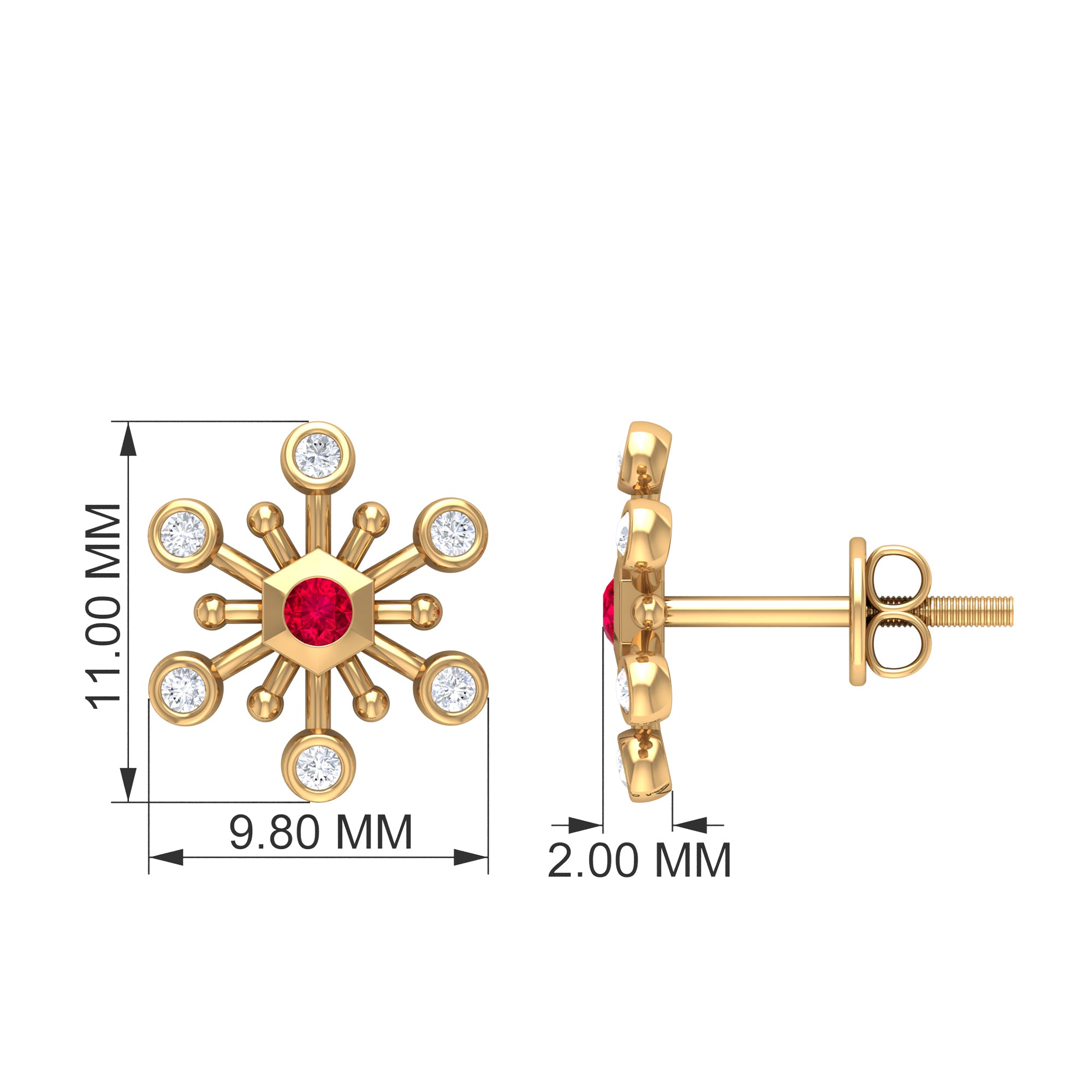 Created Ruby and Diamond Snowflake Contemporary Stud Earrings Lab Created Ruby - ( AAAA ) - Quality - Rosec Jewels