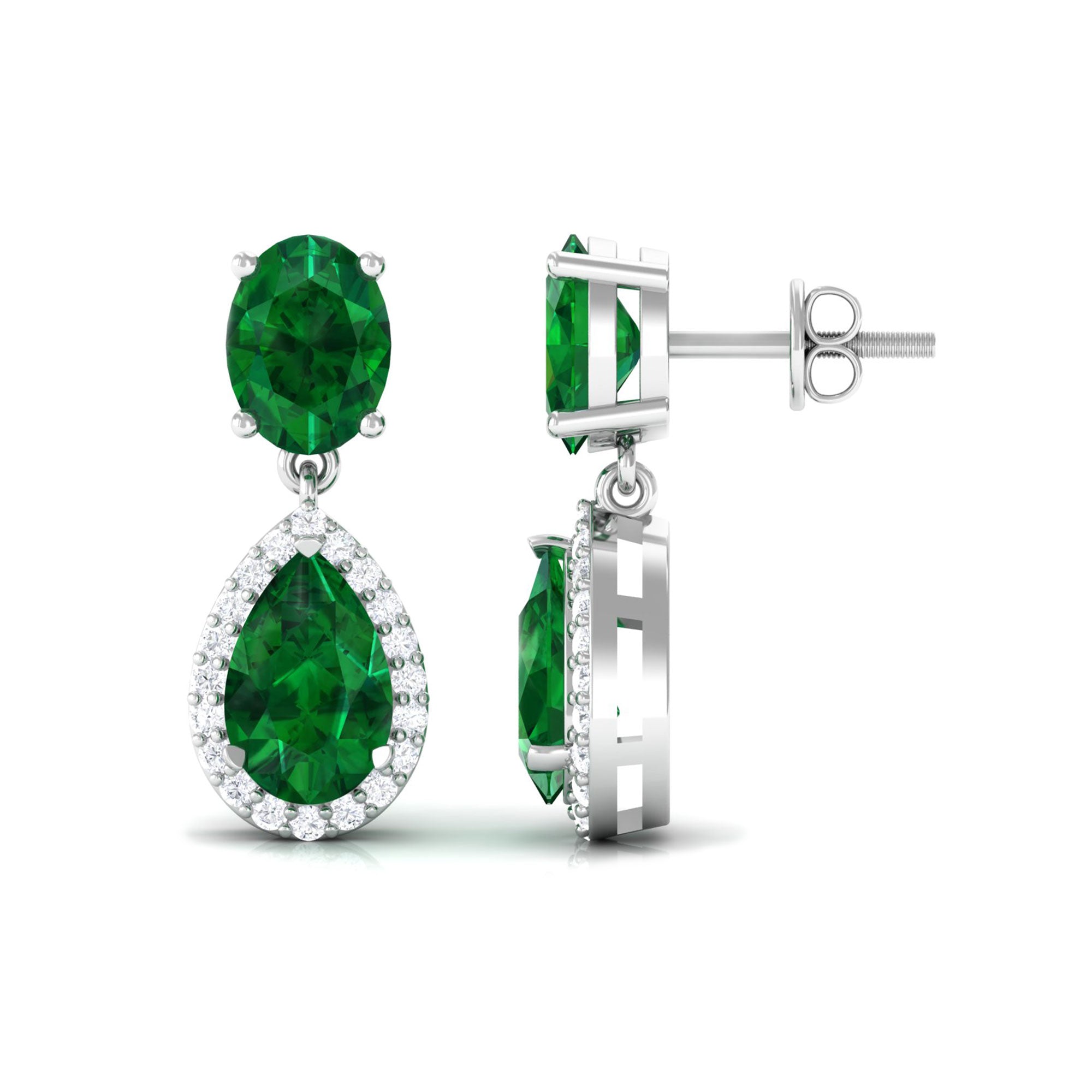 4.25 CT Created Emerald and Diamond Dangle Drop Earrings with Screw Back Lab Created Emerald - ( AAAA ) - Quality - Rosec Jewels