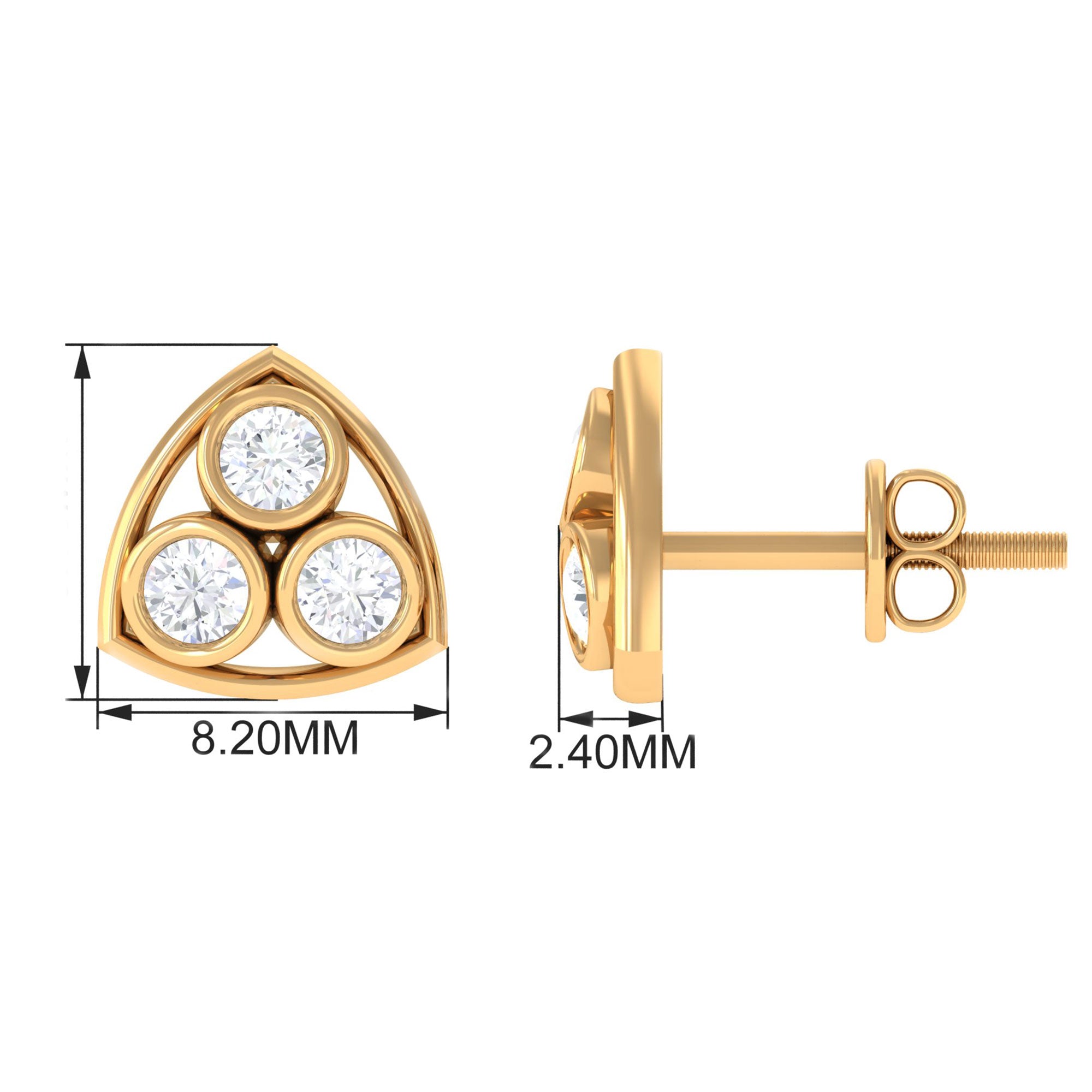 1/2 CT Bezel Set Round Diamond Three Stone Stud Earrings in Gold Diamond - ( HI-SI ) - Color and Clarity - Rosec Jewels