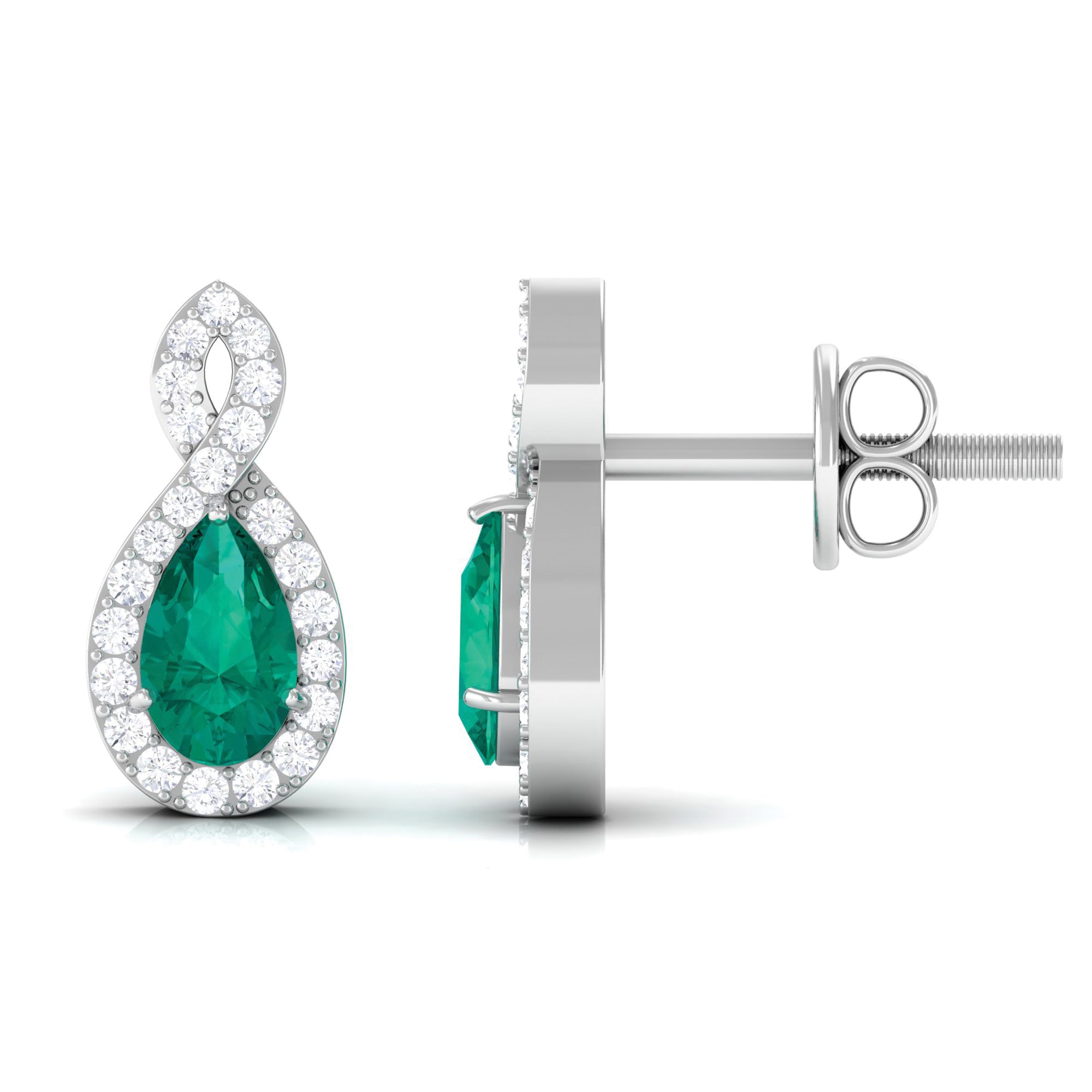 Pear Shape Emerald Infinity Stud Earrings with Diamond Emerald - ( AAA ) - Quality - Rosec Jewels