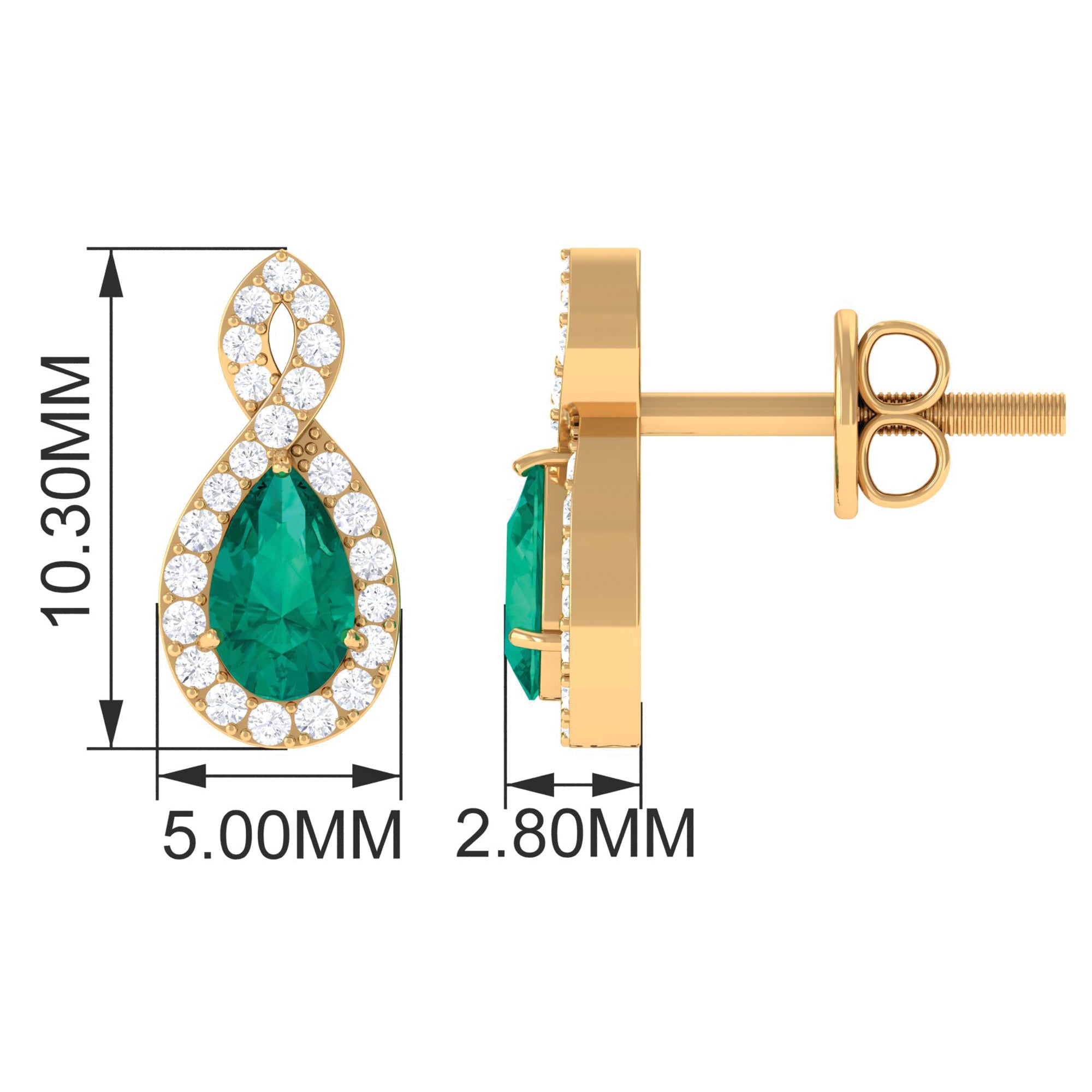 Pear Shape Emerald Infinity Stud Earrings with Diamond Emerald - ( AAA ) - Quality - Rosec Jewels