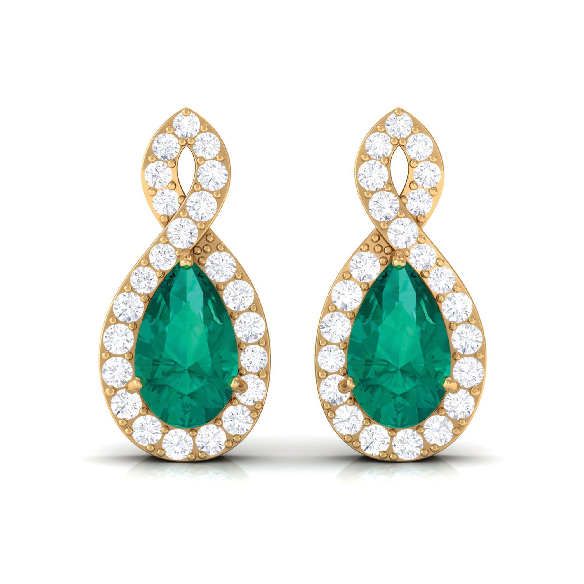 Pear Shape Emerald Infinity Stud Earrings with Diamond Emerald - ( AAA ) - Quality - Rosec Jewels