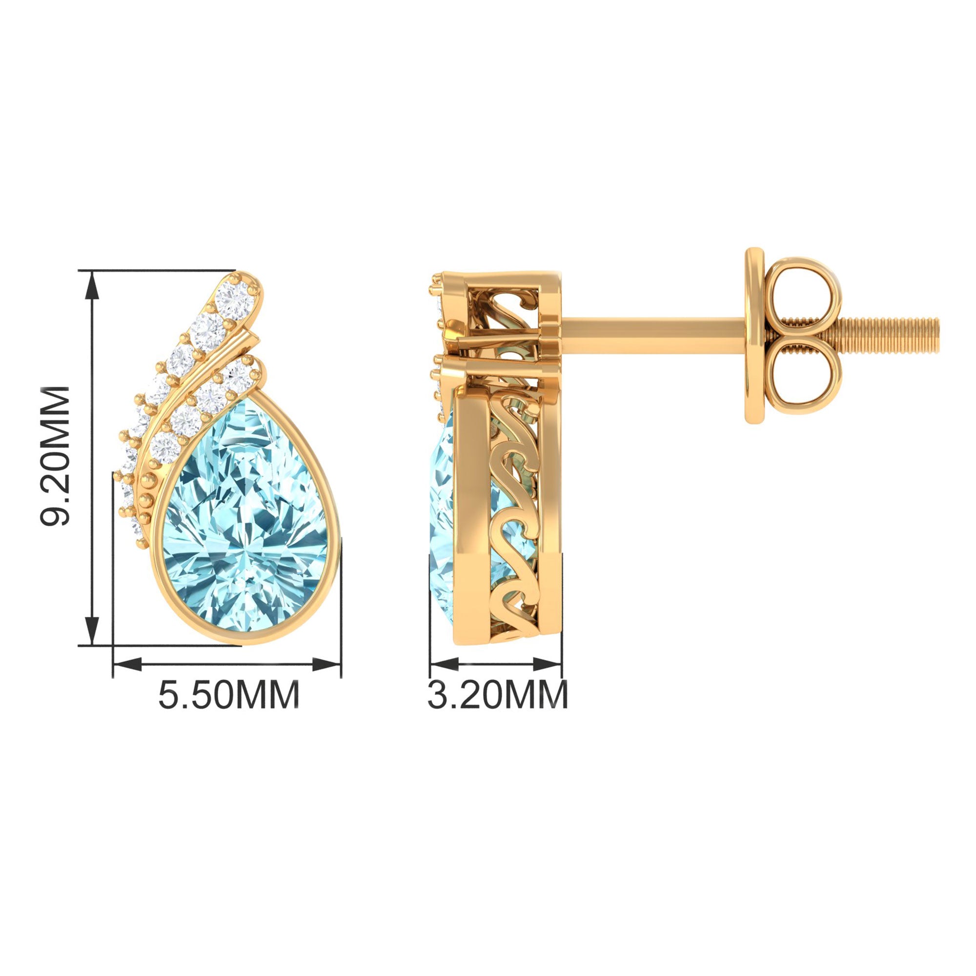 1/2 CT Designer Aquamarine Solitaire Stud Earrings with Diamond Aquamarine - ( AAA ) - Quality - Rosec Jewels