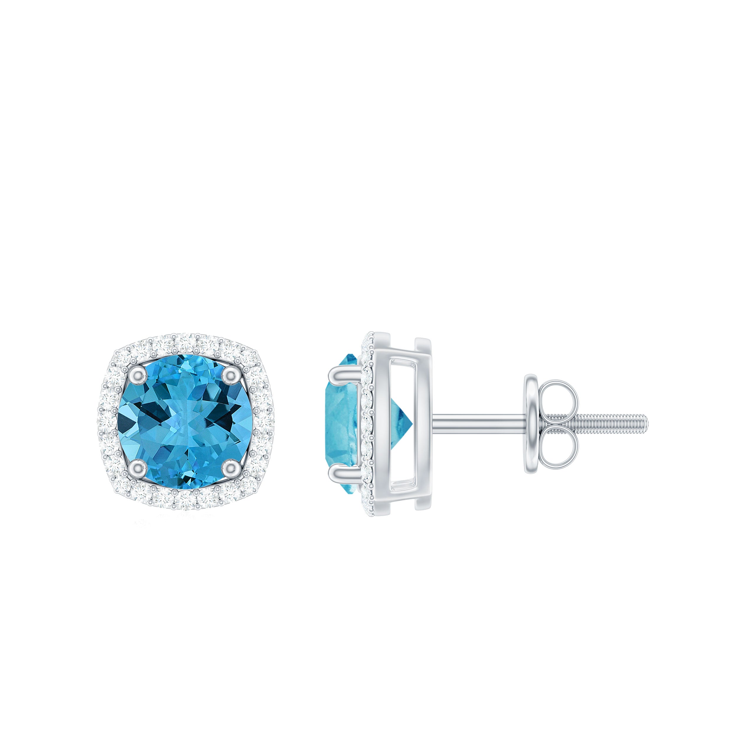 6 MM Round Shape Swiss Blue Topaz Stud Earrings with Diamond Halo Swiss Blue Topaz - ( AAA ) - Quality - Rosec Jewels