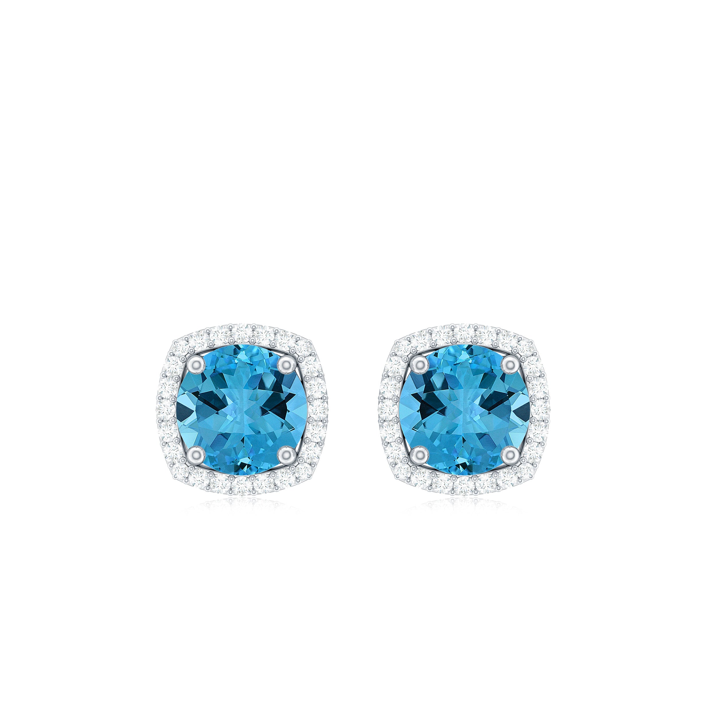 6 MM Round Shape Swiss Blue Topaz Stud Earrings with Diamond Halo Swiss Blue Topaz - ( AAA ) - Quality - Rosec Jewels