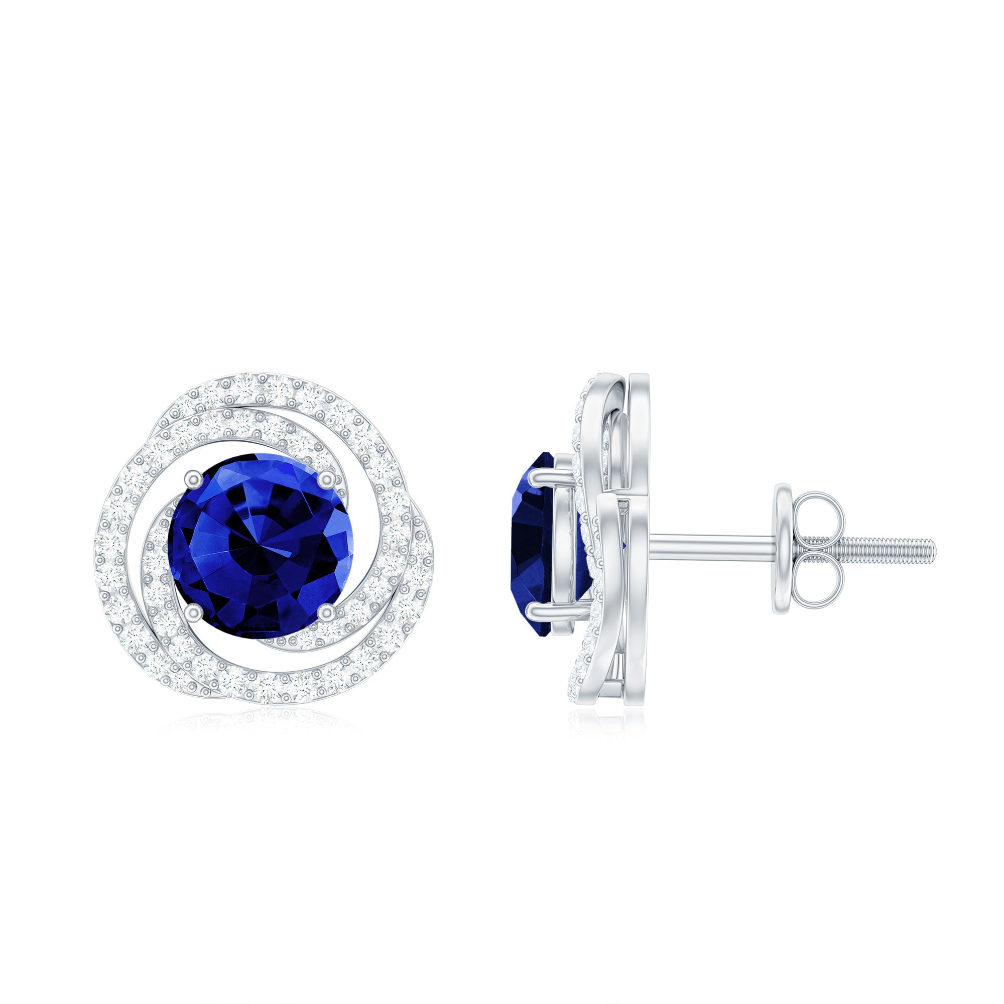 Lab Grown Blue Sapphire Braided Halo Stud Earrings with Diamond Lab Created Blue Sapphire - ( AAAA ) - Quality - Rosec Jewels