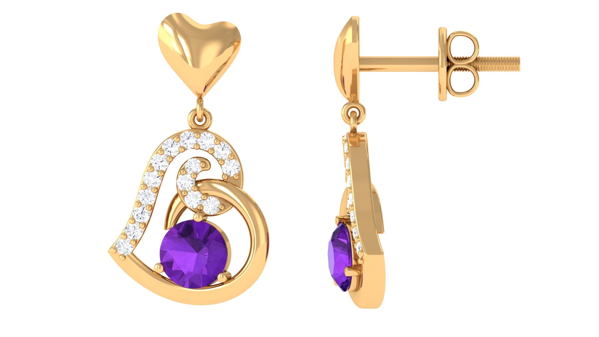 Round Amethyst Heart Drop Earring with Diamond Accent Amethyst - ( AAA ) - Quality - Rosec Jewels