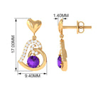 Round Amethyst Heart Drop Earring with Diamond Accent Amethyst - ( AAA ) - Quality - Rosec Jewels