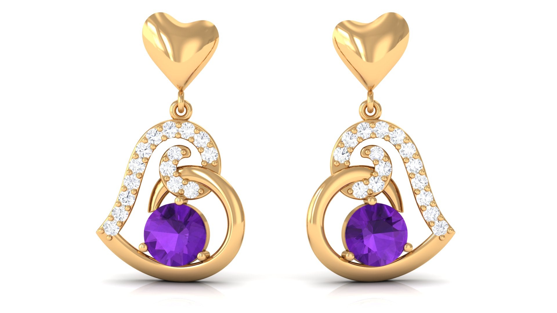 Round Amethyst Heart Drop Earring with Diamond Accent Amethyst - ( AAA ) - Quality - Rosec Jewels