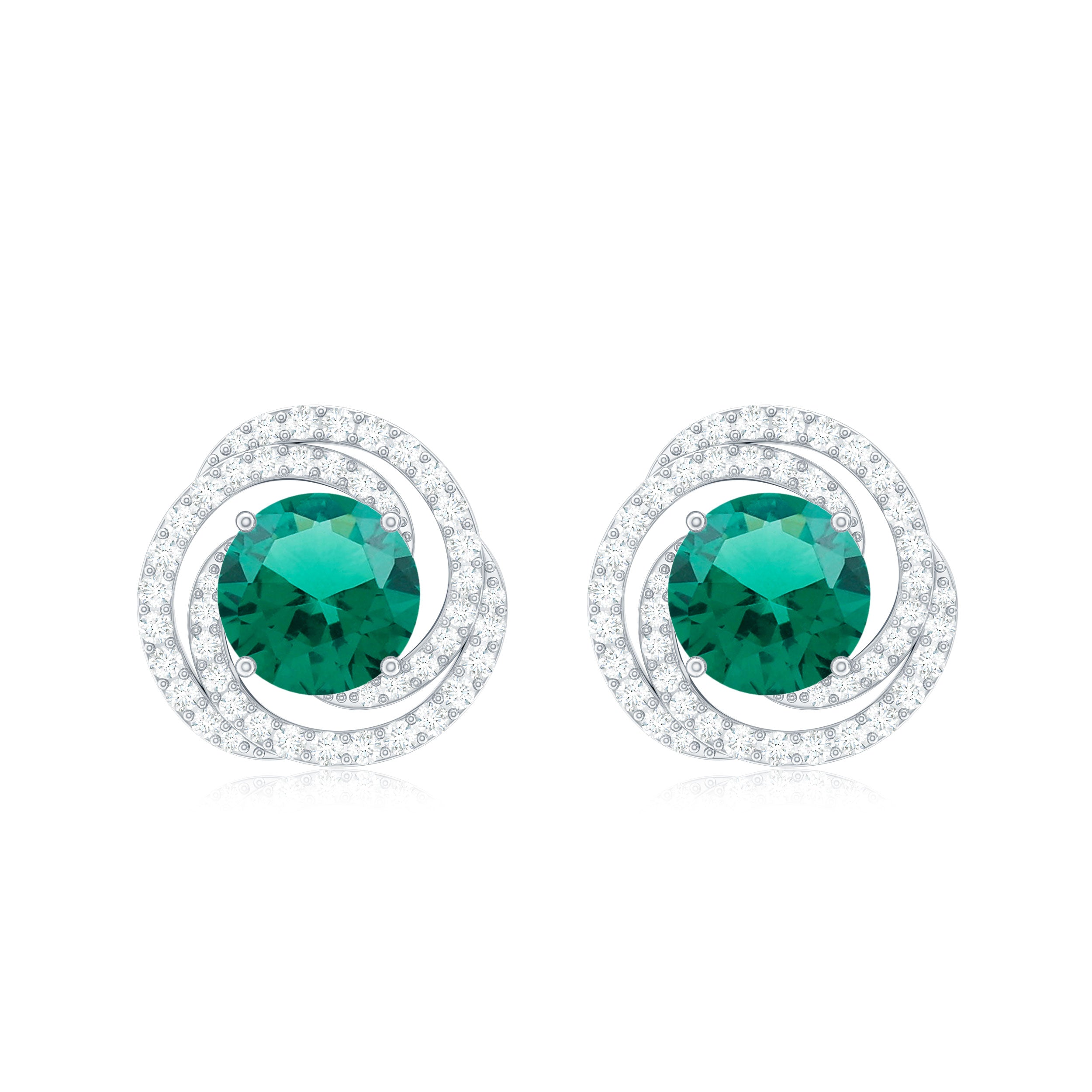 Created Emerald Swirl Stud Earrings with Diamond Lab Created Emerald - ( AAAA ) - Quality - Rosec Jewels