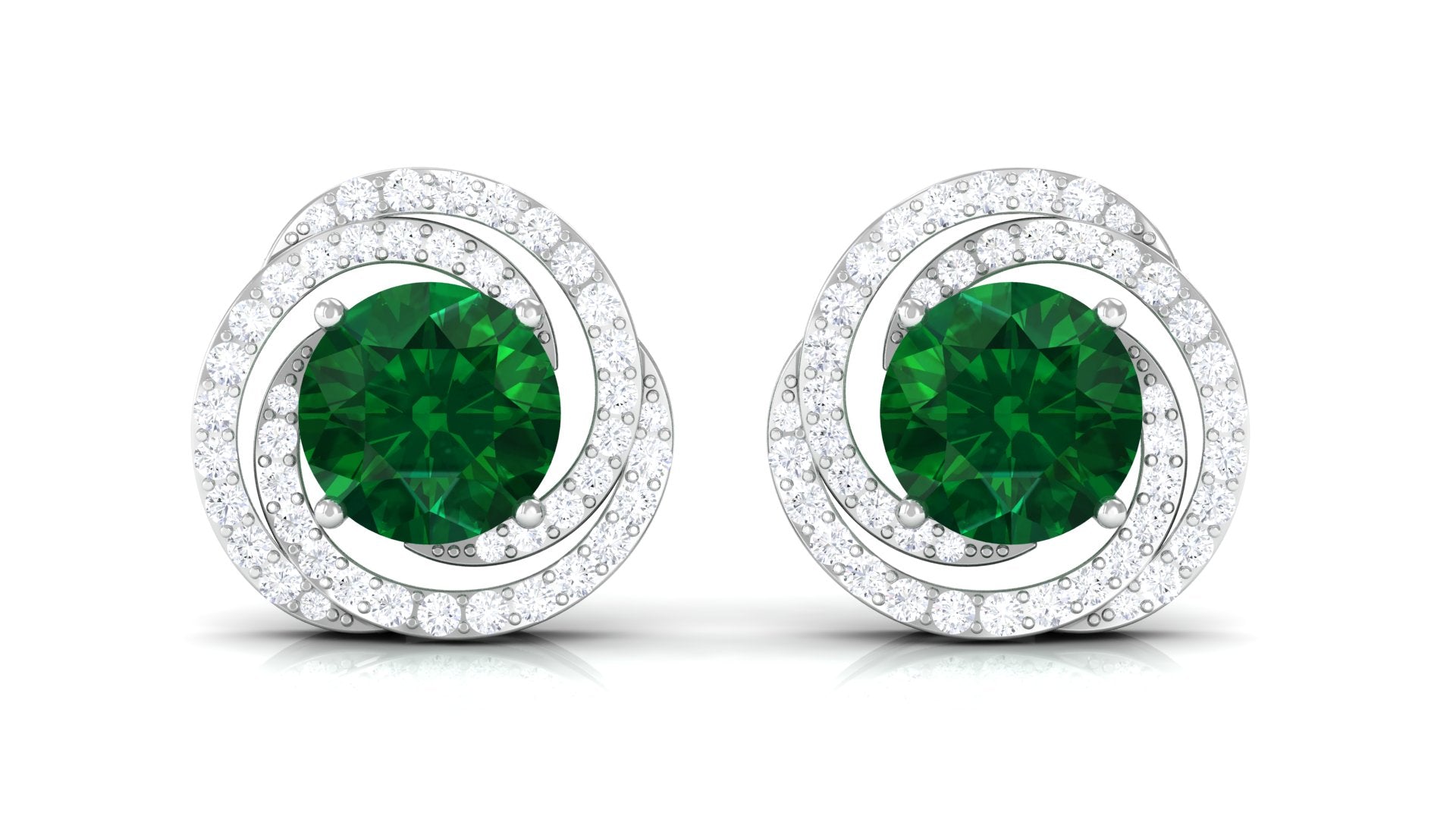 Created Emerald Swirl Stud Earrings with Diamond Lab Created Emerald - ( AAAA ) - Quality - Rosec Jewels