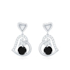 Round Created Black Diamond Heart Drop Earrings with Diamond Lab Created Black Diamond - ( AAAA ) - Quality - Rosec Jewels