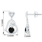 Round Created Black Diamond Heart Drop Earrings with Diamond Lab Created Black Diamond - ( AAAA ) - Quality - Rosec Jewels