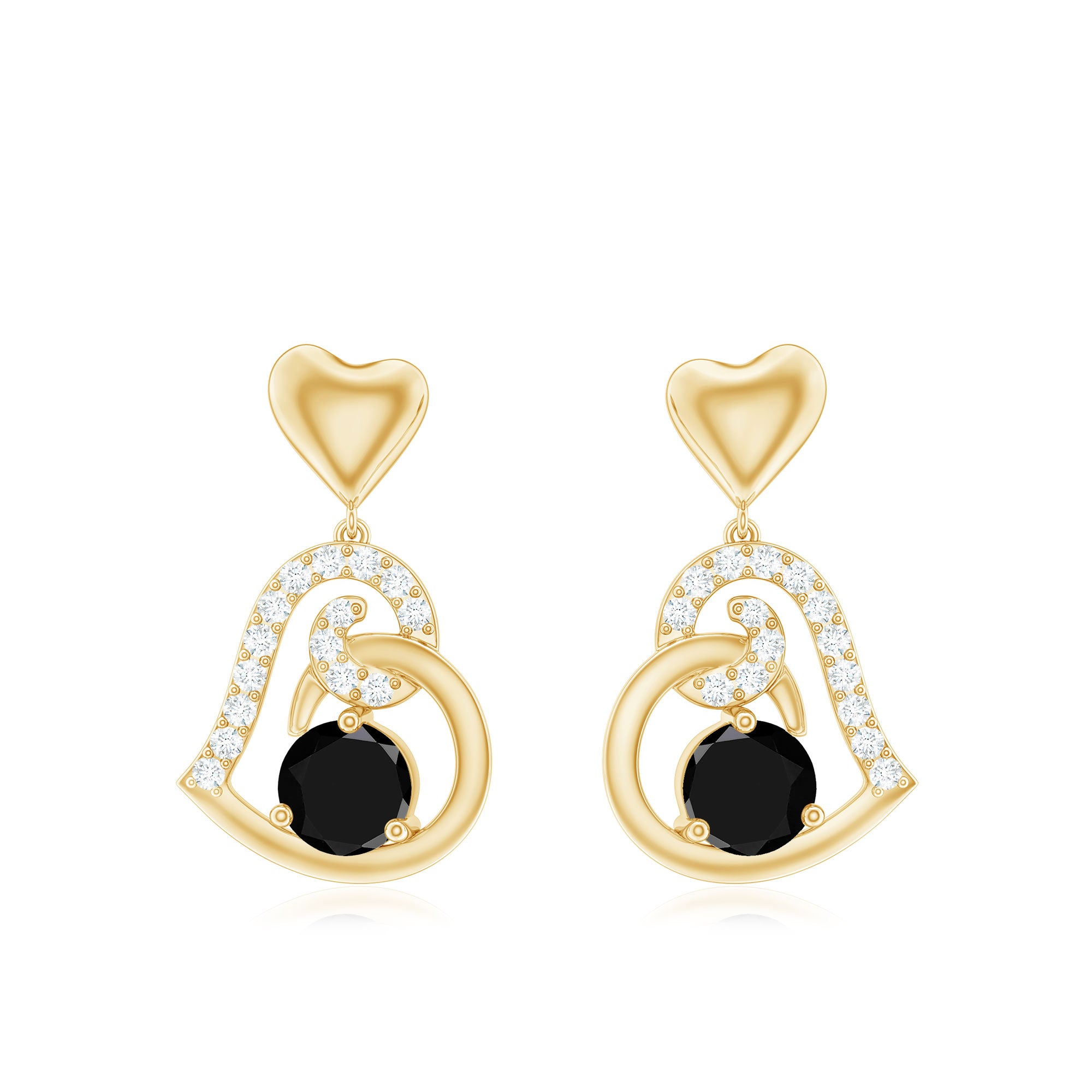 Round Created Black Diamond Heart Drop Earrings with Diamond Lab Created Black Diamond - ( AAAA ) - Quality - Rosec Jewels