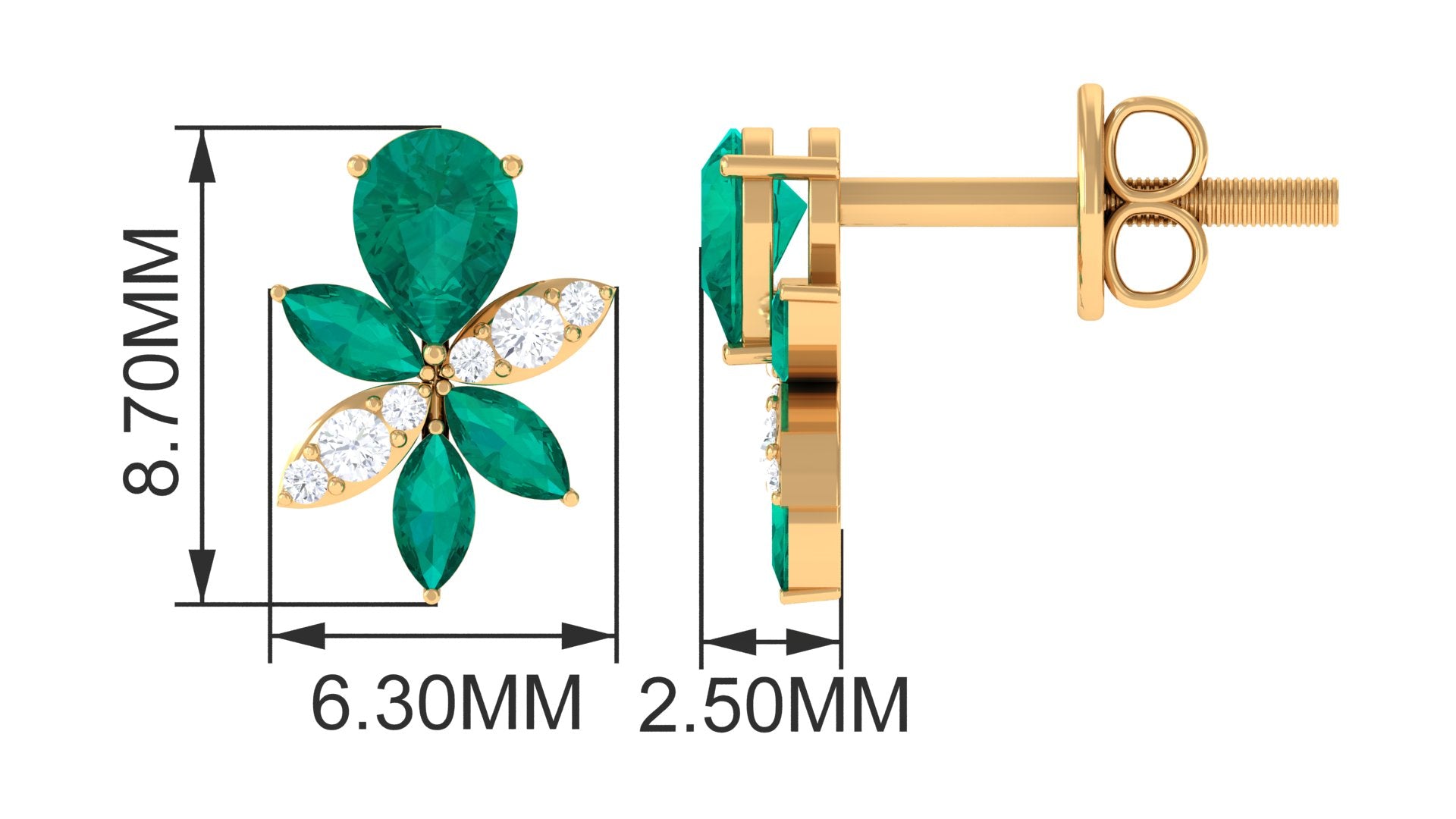 Nature Inspired Floral Stud Earrings with Emerald and Diamond Emerald - ( AAA ) - Quality - Rosec Jewels