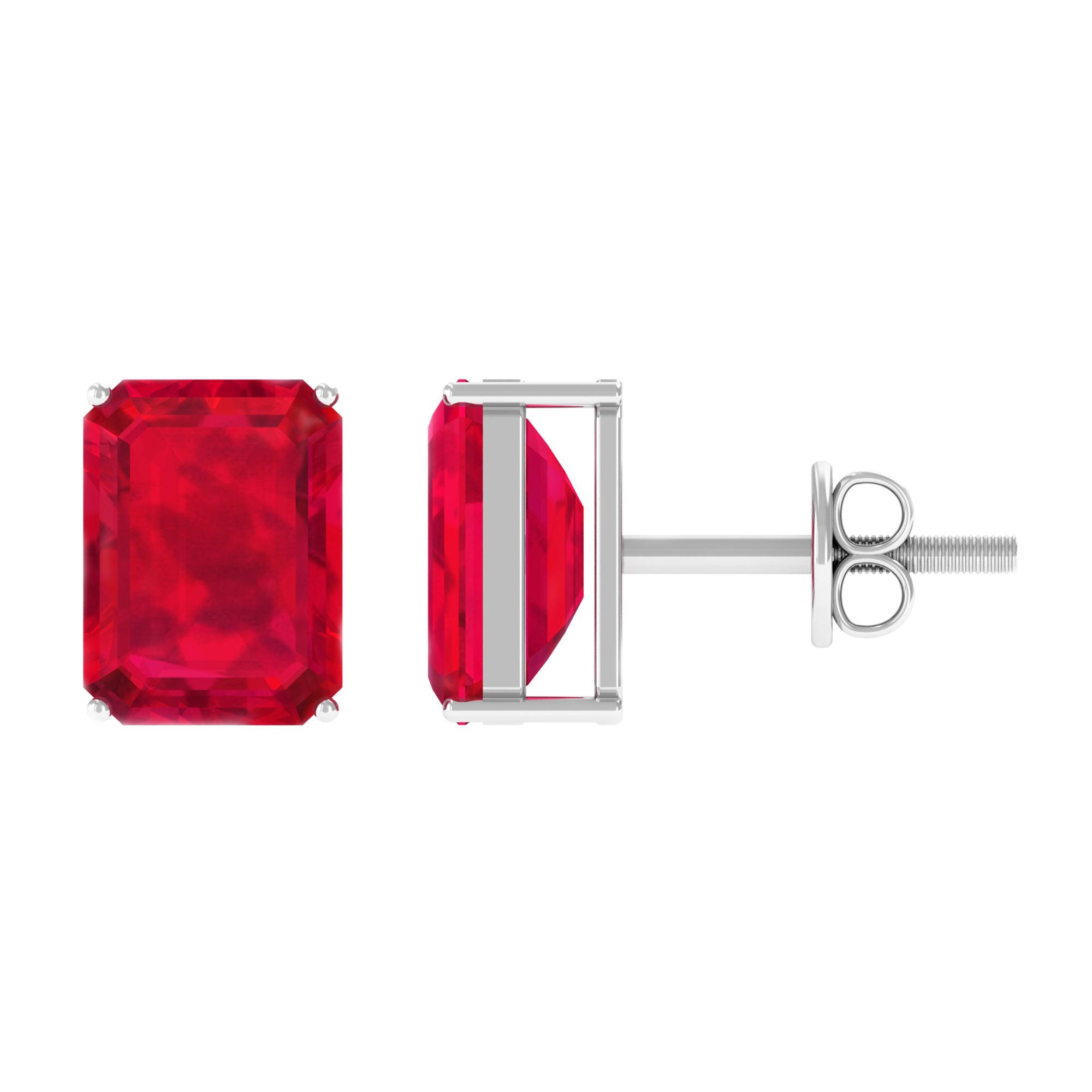 6X8 MM Emerald Cut Created Ruby Solitaire Stud Earrings Lab Created Ruby - ( AAAA ) - Quality - Rosec Jewels