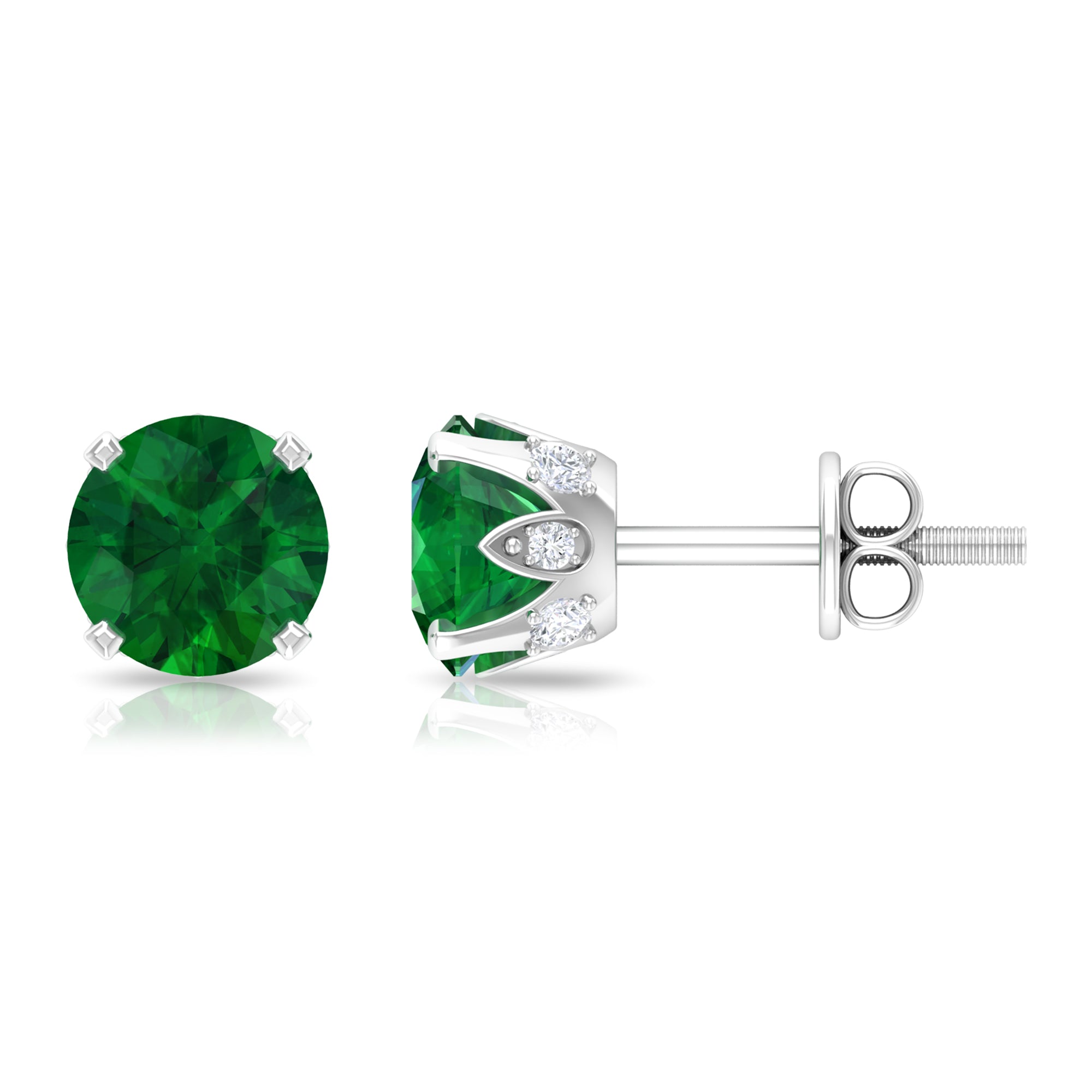 2 CT Created Emerald Solitaire Stud Earrings with Diamond Accent Lab Created Emerald - ( AAAA ) - Quality - Rosec Jewels