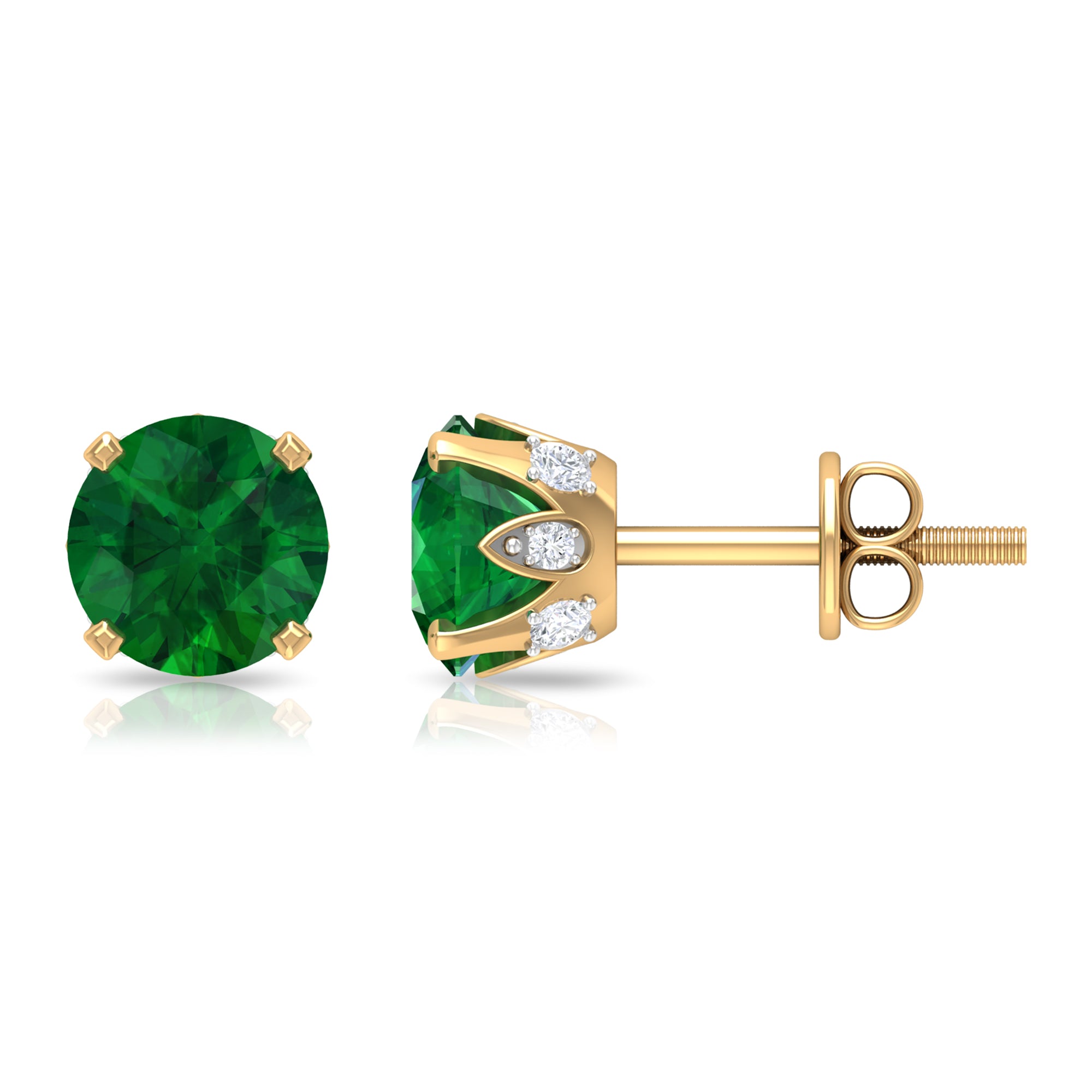 2 CT Created Emerald Solitaire Stud Earrings with Diamond Accent Lab Created Emerald - ( AAAA ) - Quality - Rosec Jewels