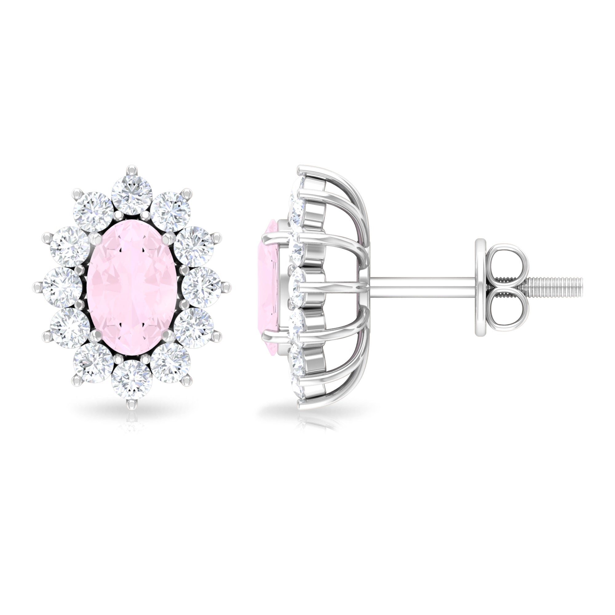 Oval Cut Rose Quartz and Diamond Starburst Stud Earrings Rose Quartz - ( AAA ) - Quality - Rosec Jewels