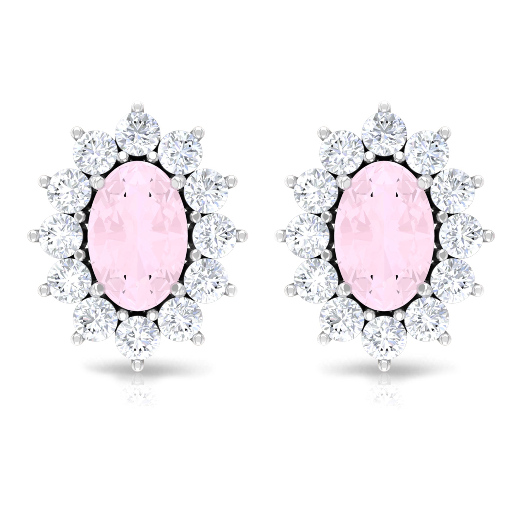 Oval Cut Rose Quartz and Diamond Starburst Stud Earrings Rose Quartz - ( AAA ) - Quality - Rosec Jewels