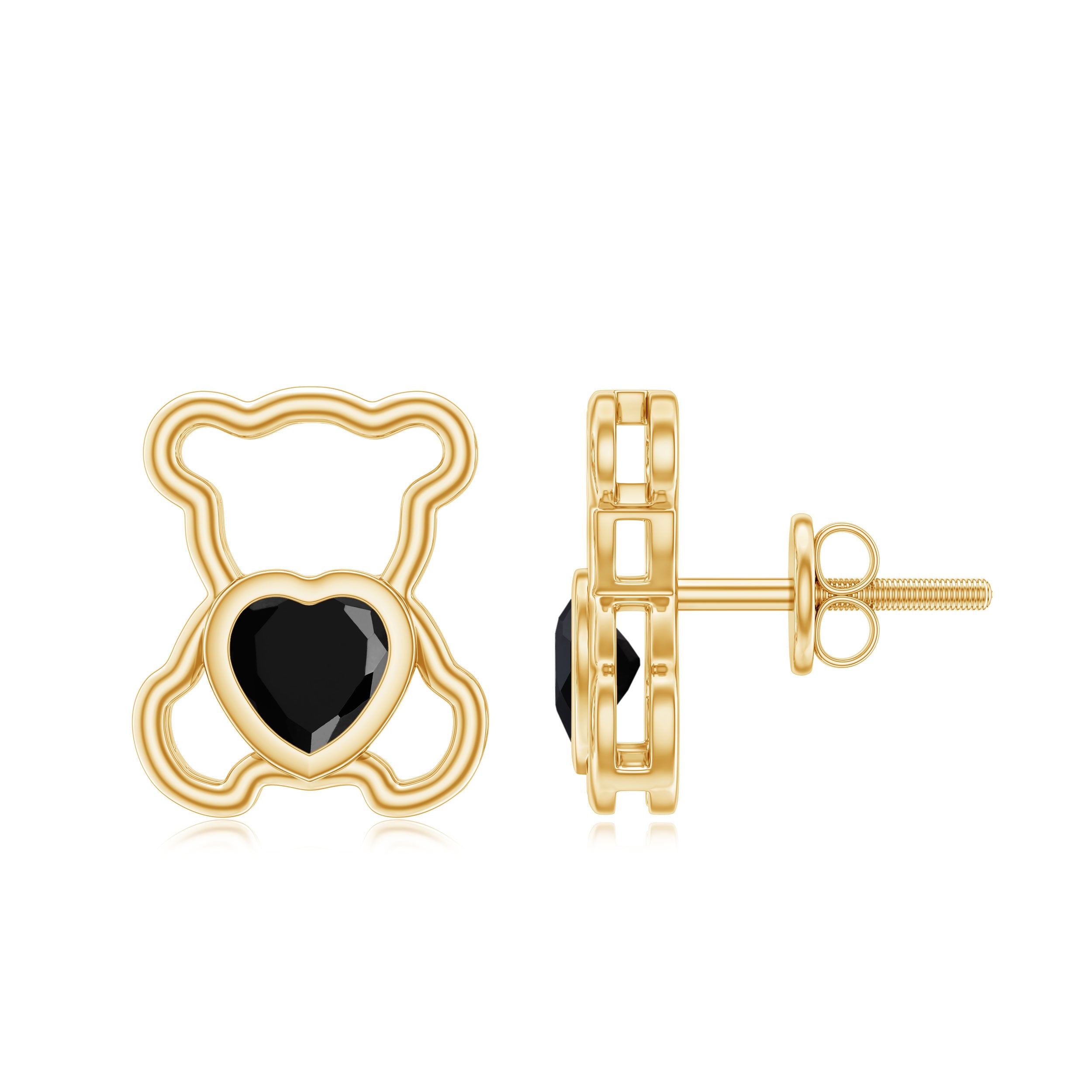 Heart Shape Created Black Diamond Cute Teddy Bear Stud Earrings in Bezel Setting Lab Created Black Diamond - ( AAAA ) - Quality - Rosec Jewels