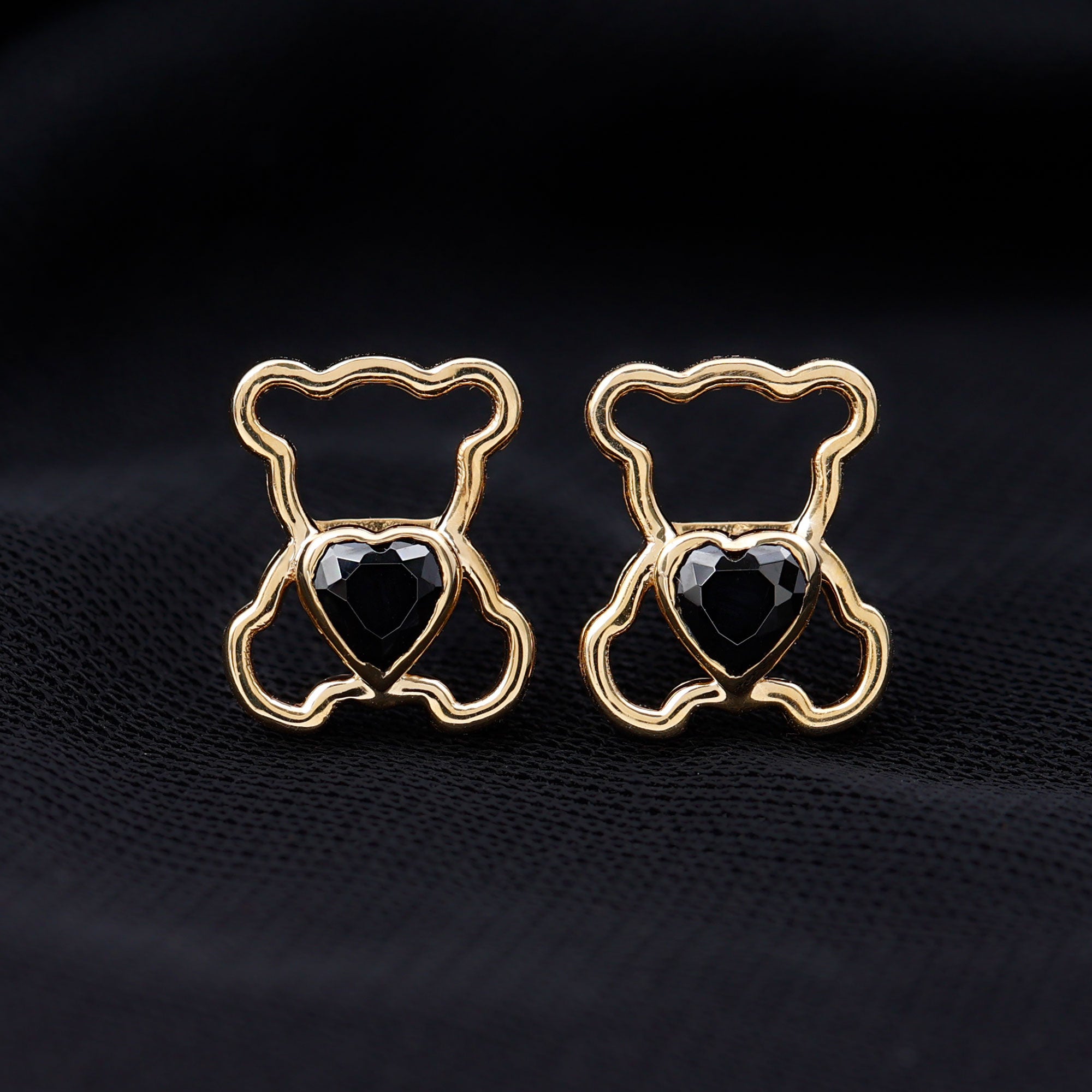 Heart Shape Created Black Diamond Cute Teddy Bear Stud Earrings in Bezel Setting Lab Created Black Diamond - ( AAAA ) - Quality - Rosec Jewels