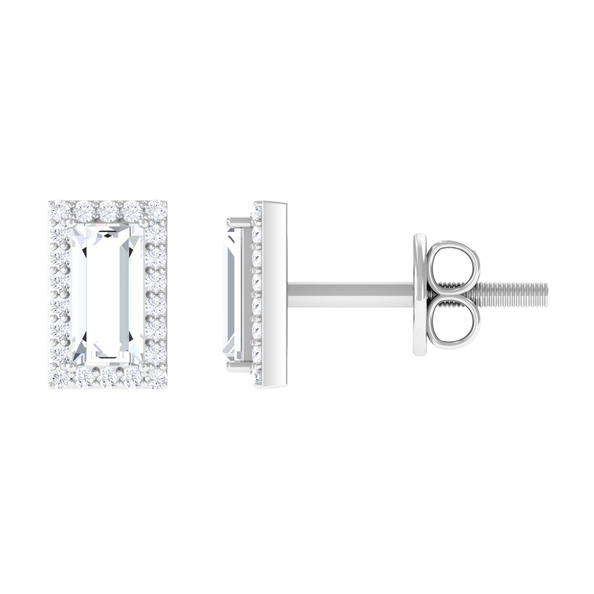 Baguette Cut Zircon Stud Earrings with Classic Halo Zircon - ( AAAA ) - Quality - Rosec Jewels