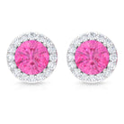 Round Halo Stud Earrings with Pink Sapphire and Diamond Pink Sapphire - ( AAA ) - Quality - Rosec Jewels