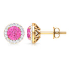 Round Halo Stud Earrings with Pink Sapphire and Diamond Pink Sapphire - ( AAA ) - Quality - Rosec Jewels